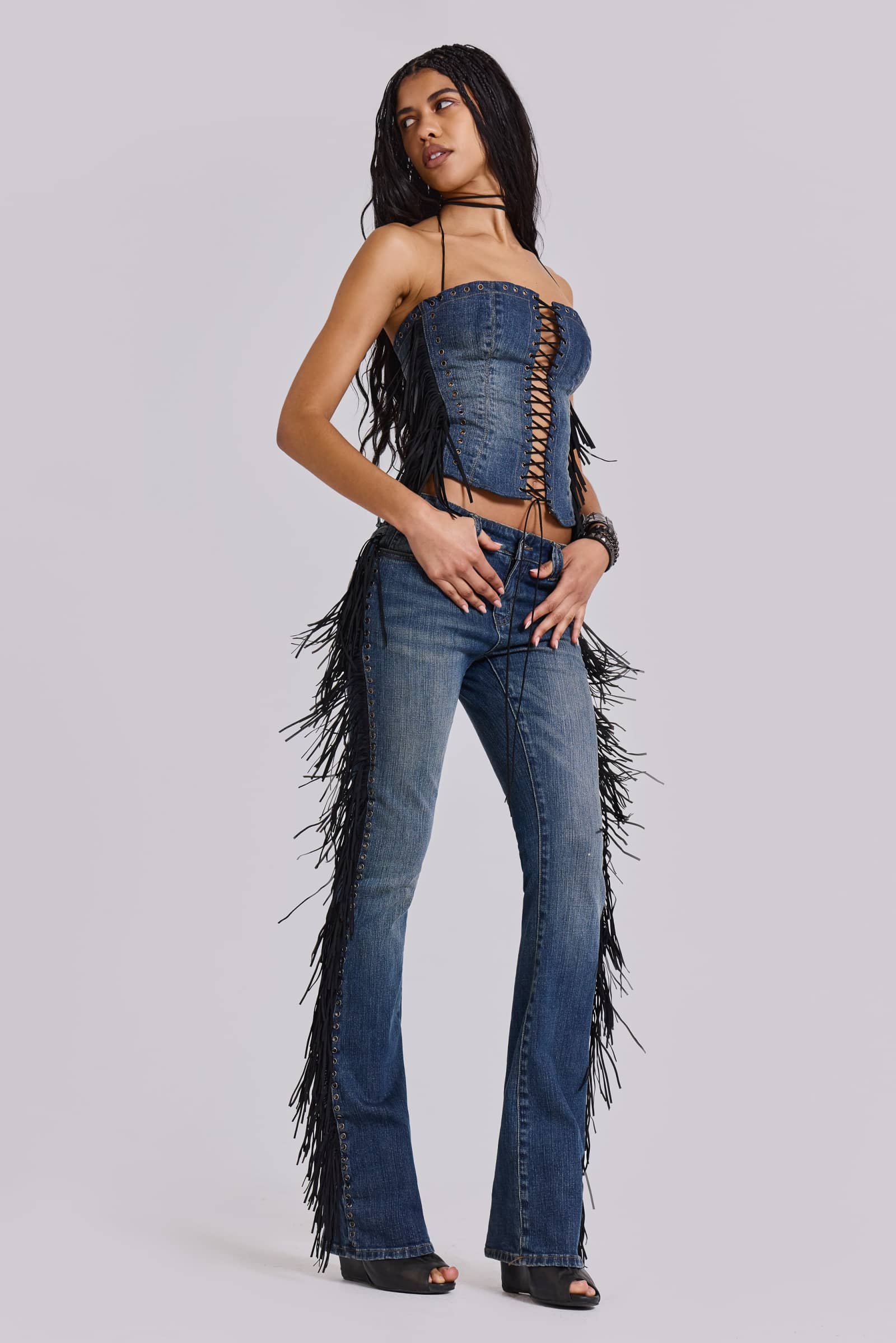 Odile Denim Fringe Lace Up Corset