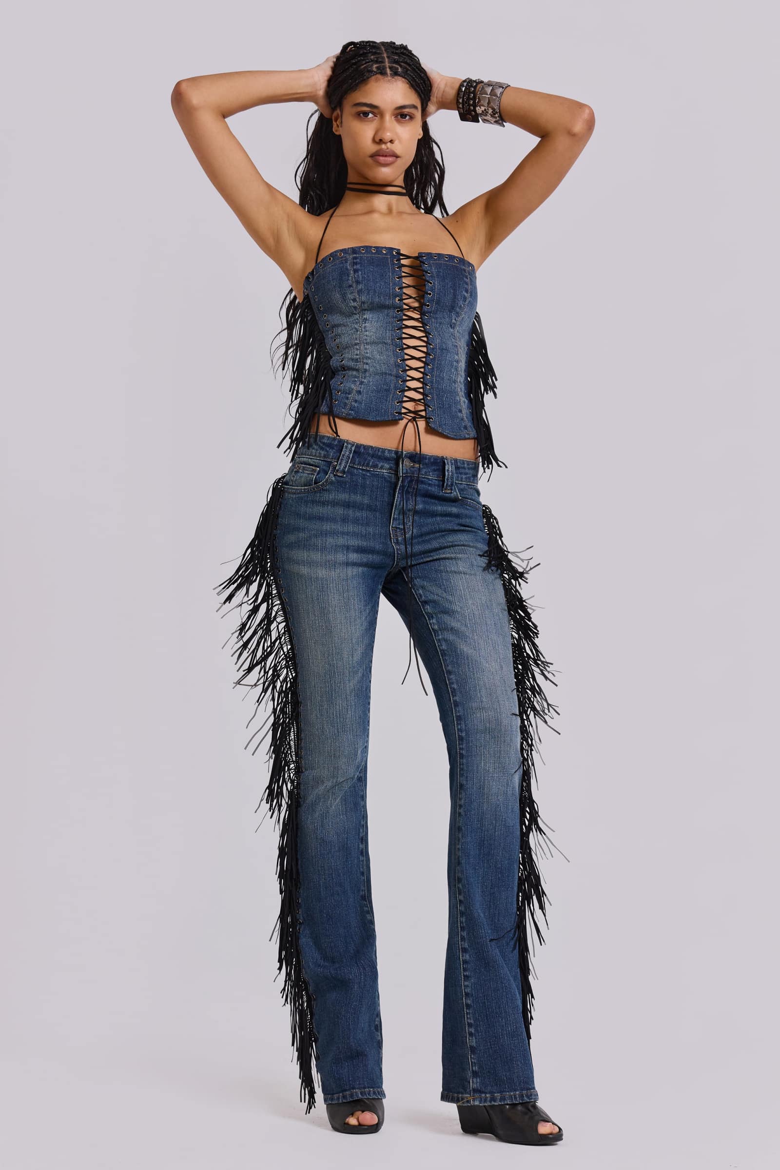 Odile Denim Fringe Lace Up Corset