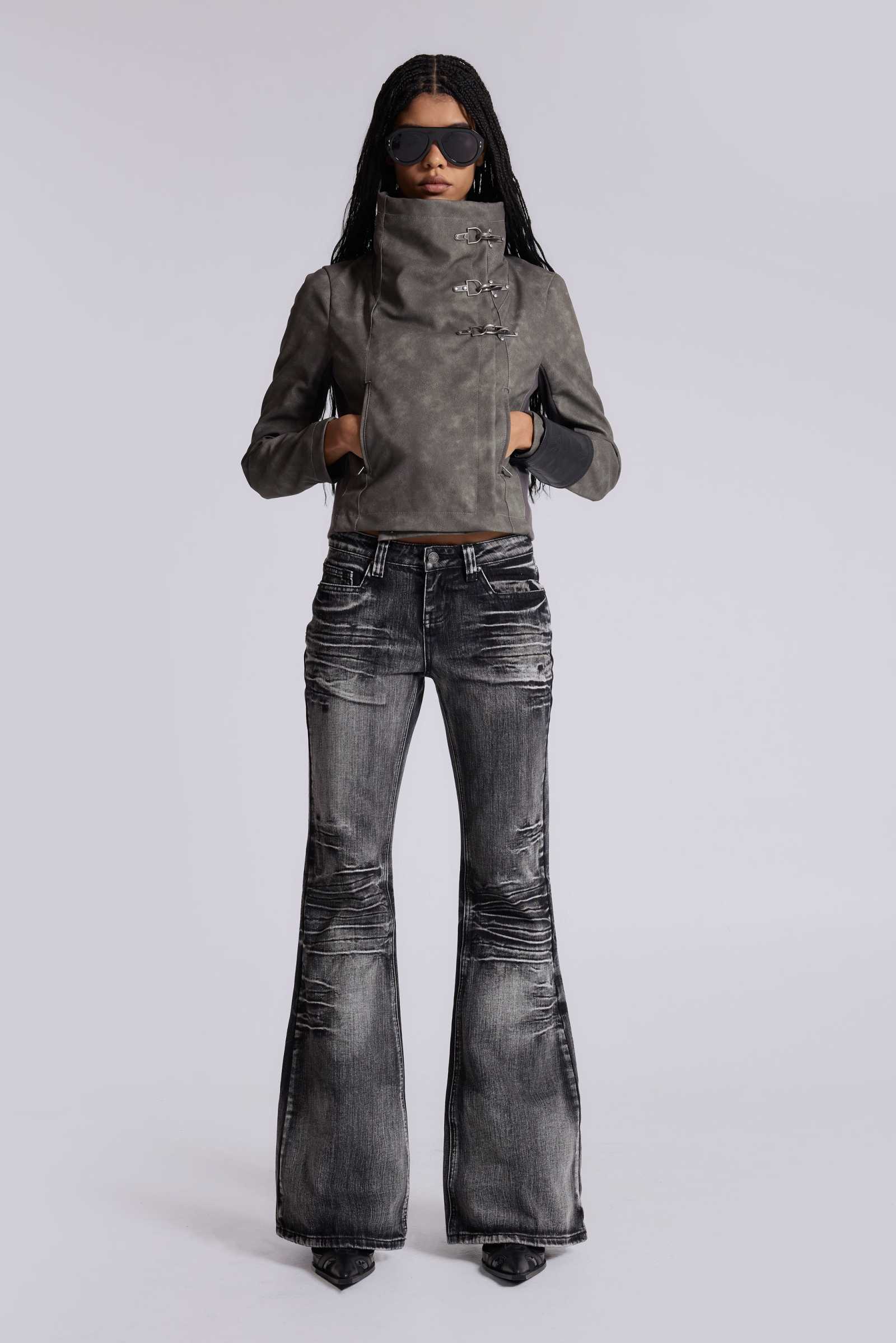 Cera Clasp PU Leather Funnel Jacket