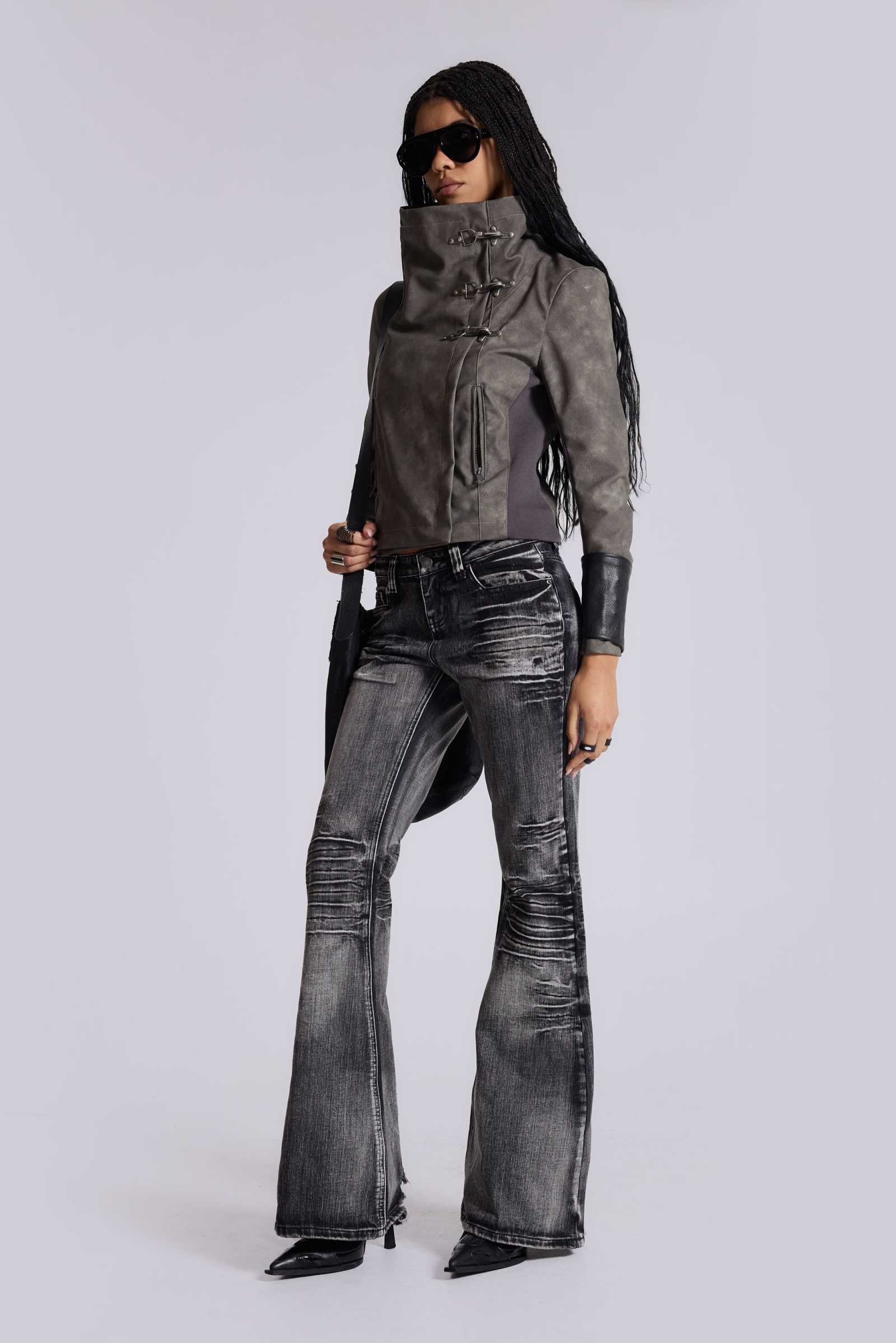 Cera Clasp PU Leather Funnel Jacket