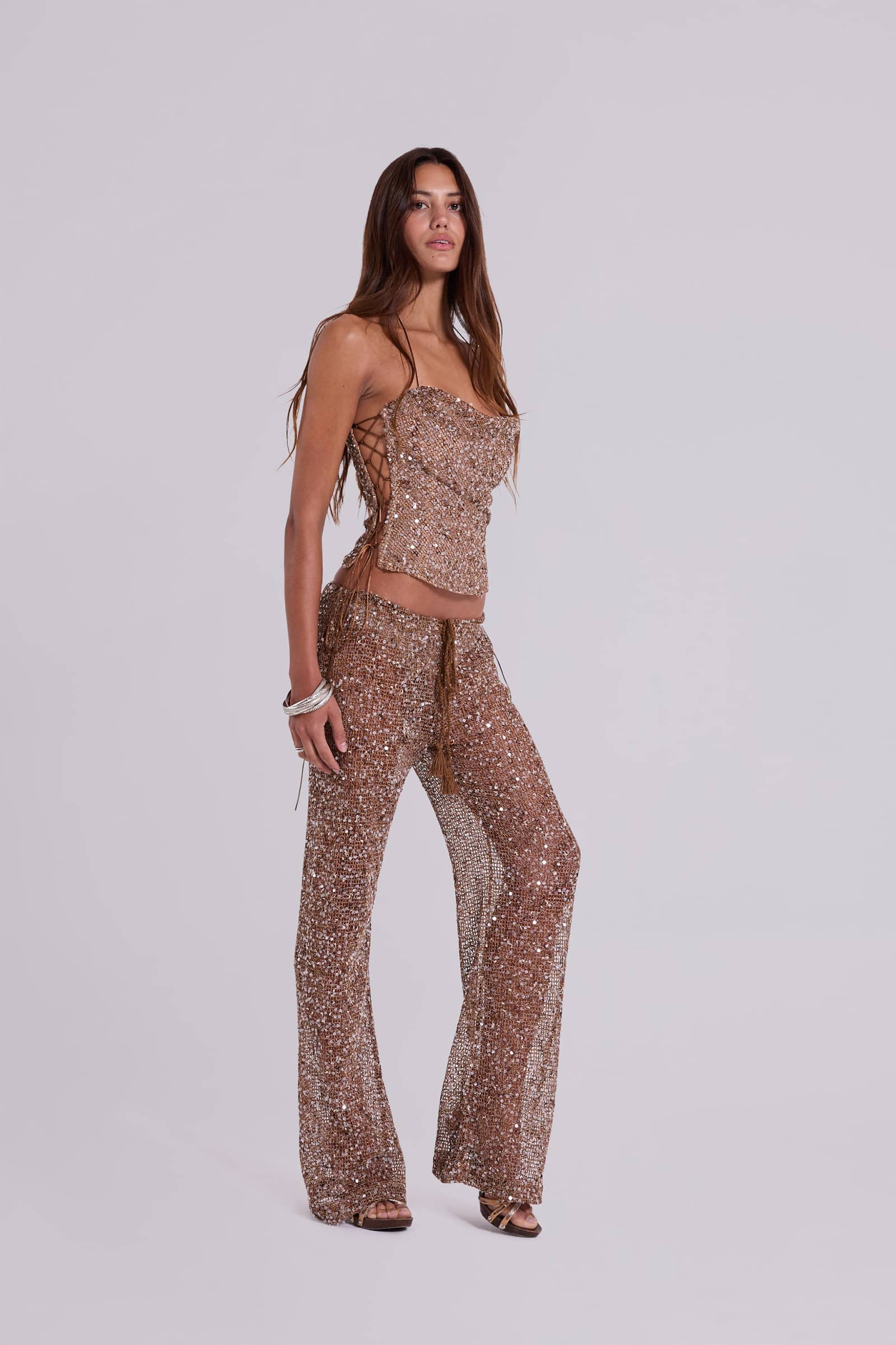 Deva Sequin Knit Trousers in Sand