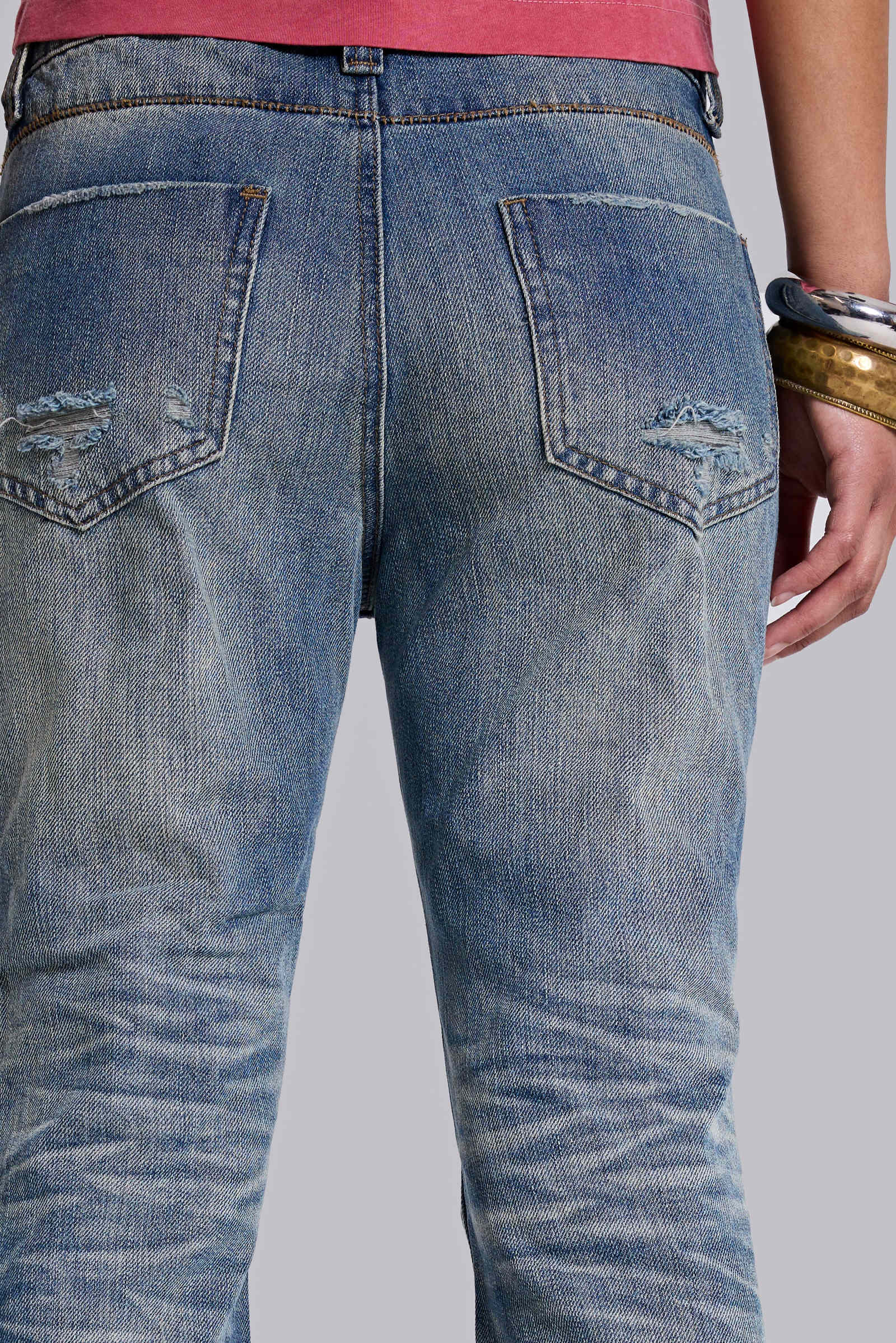 Mid Blue Distressed Creased Drift Flared Jeans
