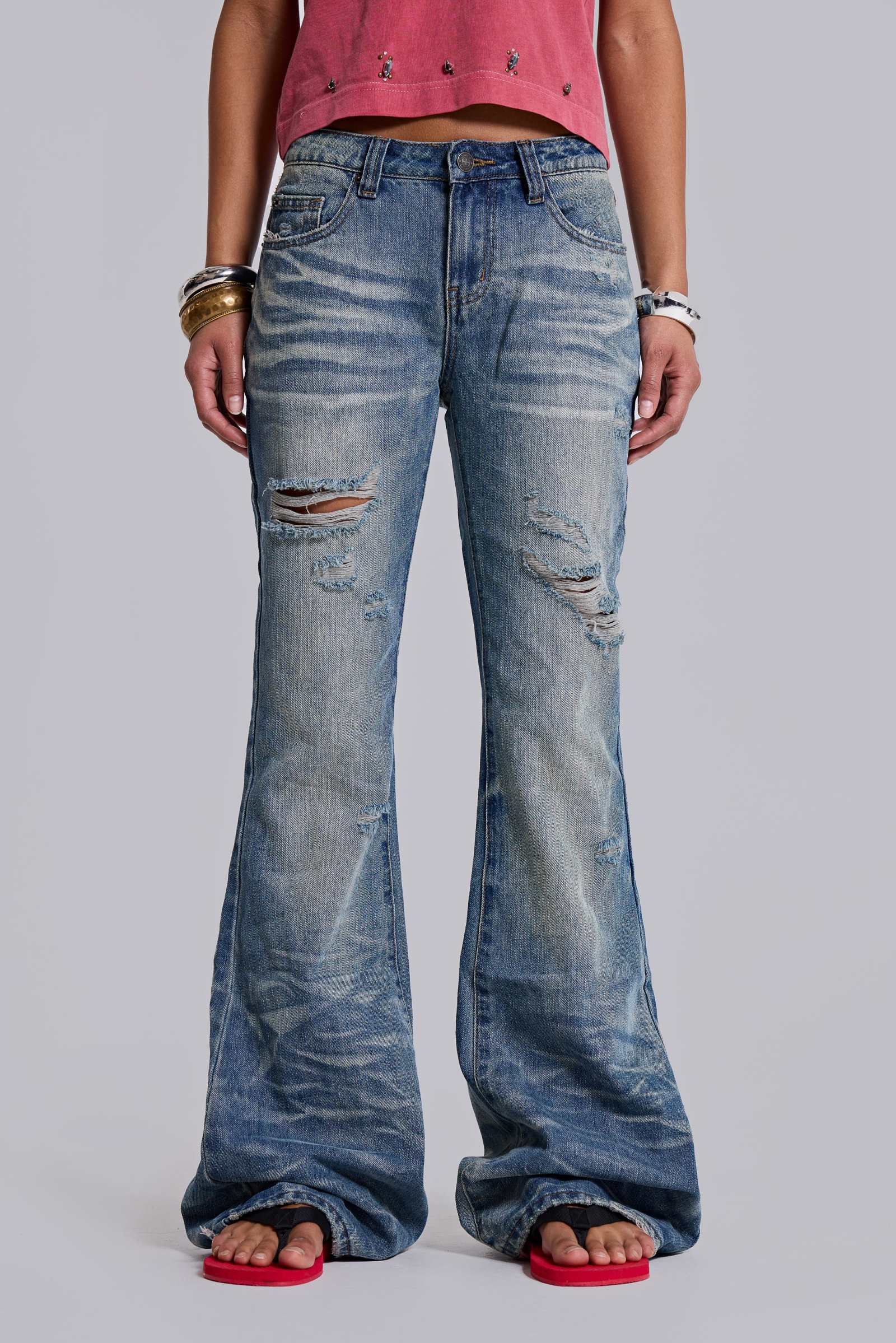 Mid Blue Distressed Creased Drift Flared Jeans