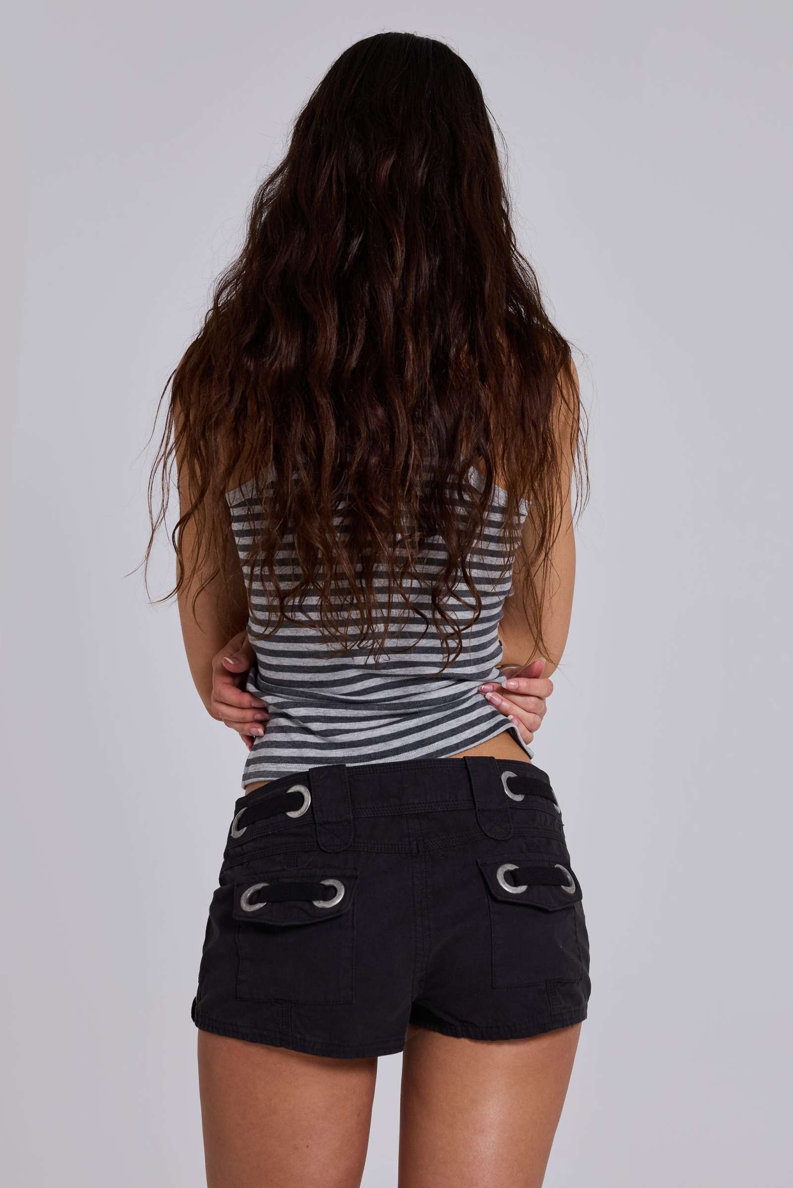 Oriel Eyelet Cargo Mini Shorts in Black