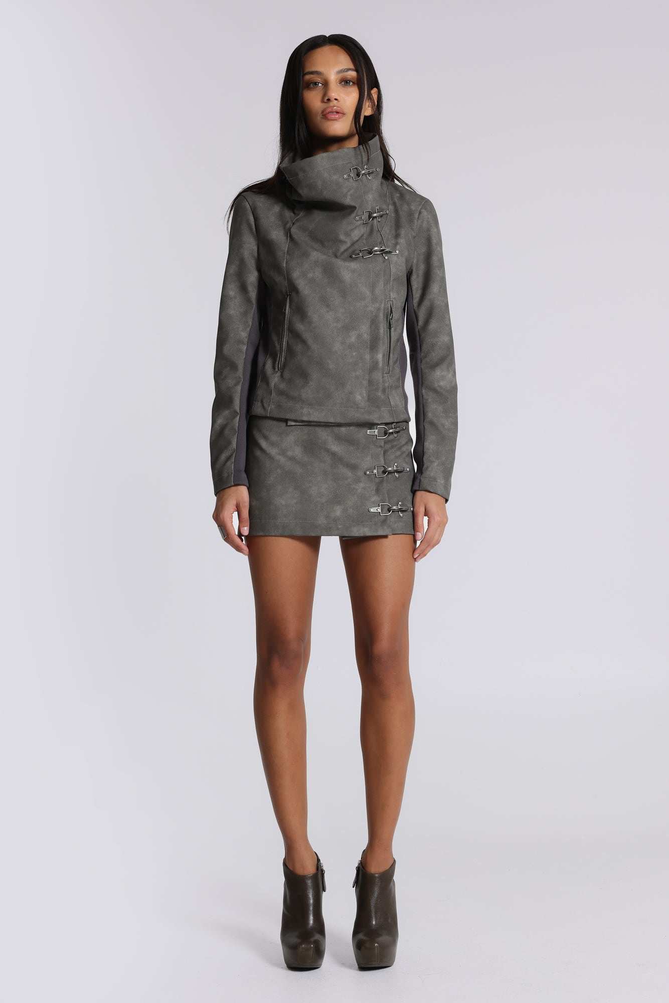 Cera Clasp PU Leather Funnel Jacket