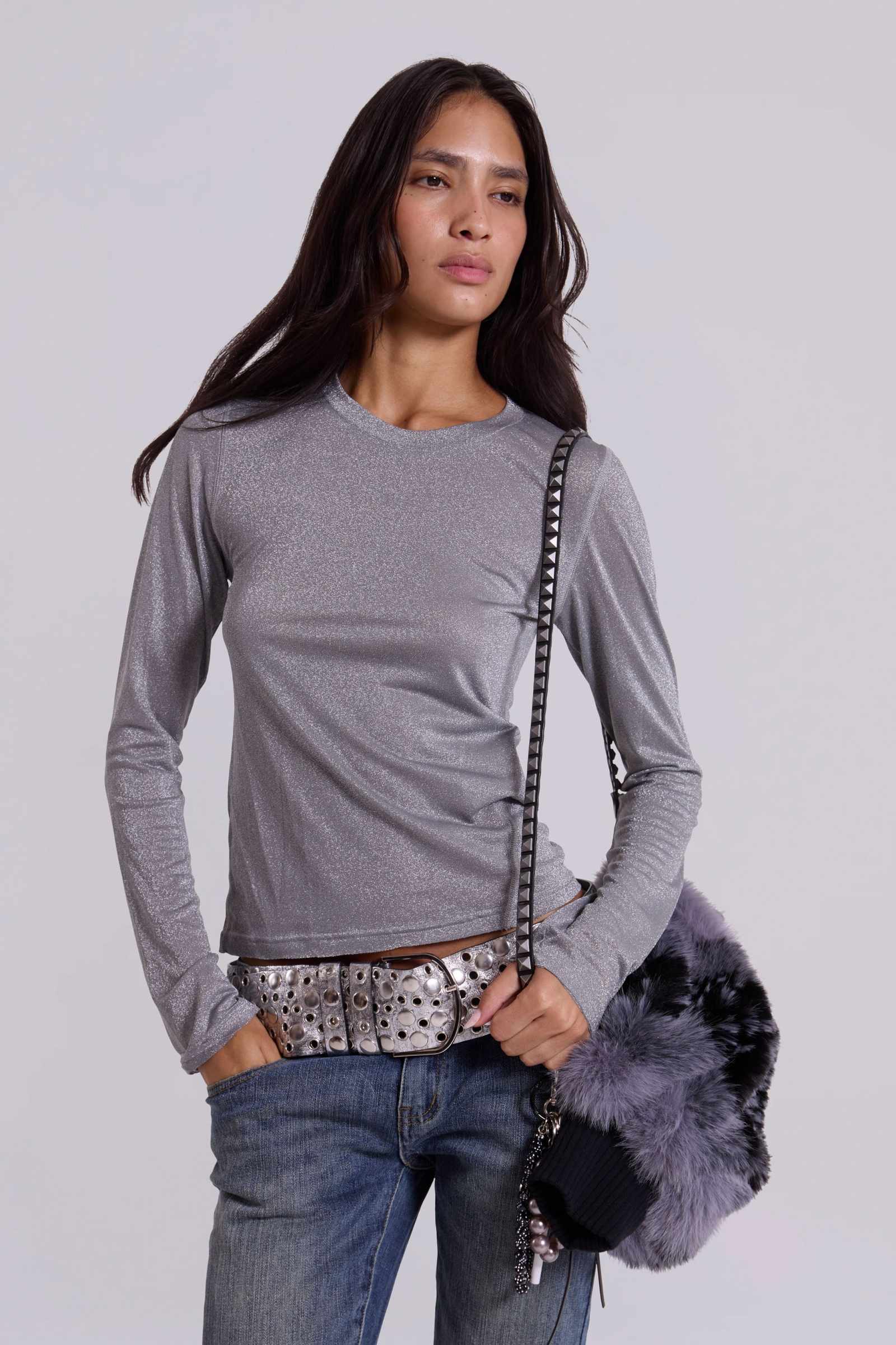 Xeni Glitter Long Sleeve Top in Silver