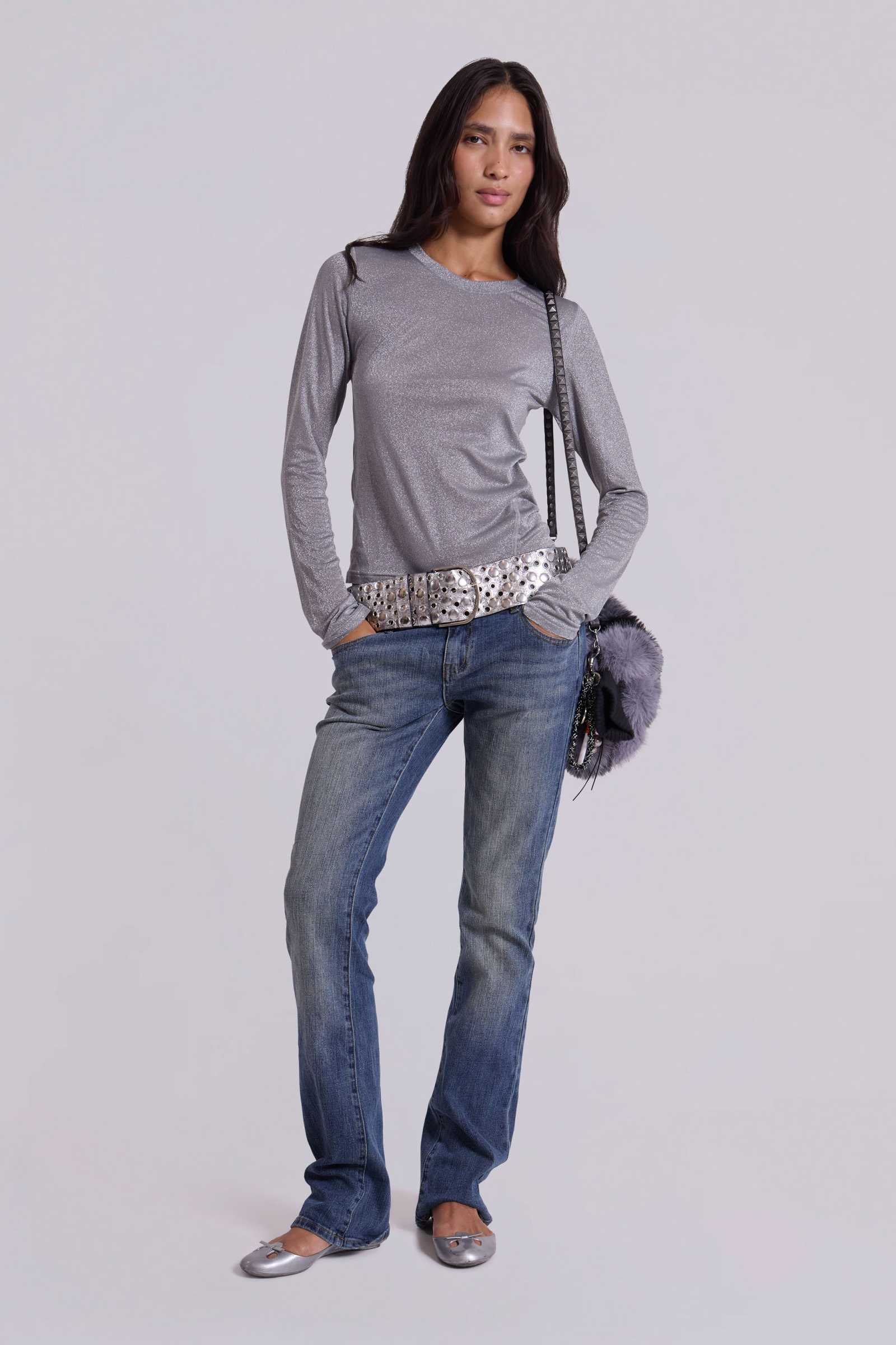 Xeni Glitter Long Sleeve Top in Silver
