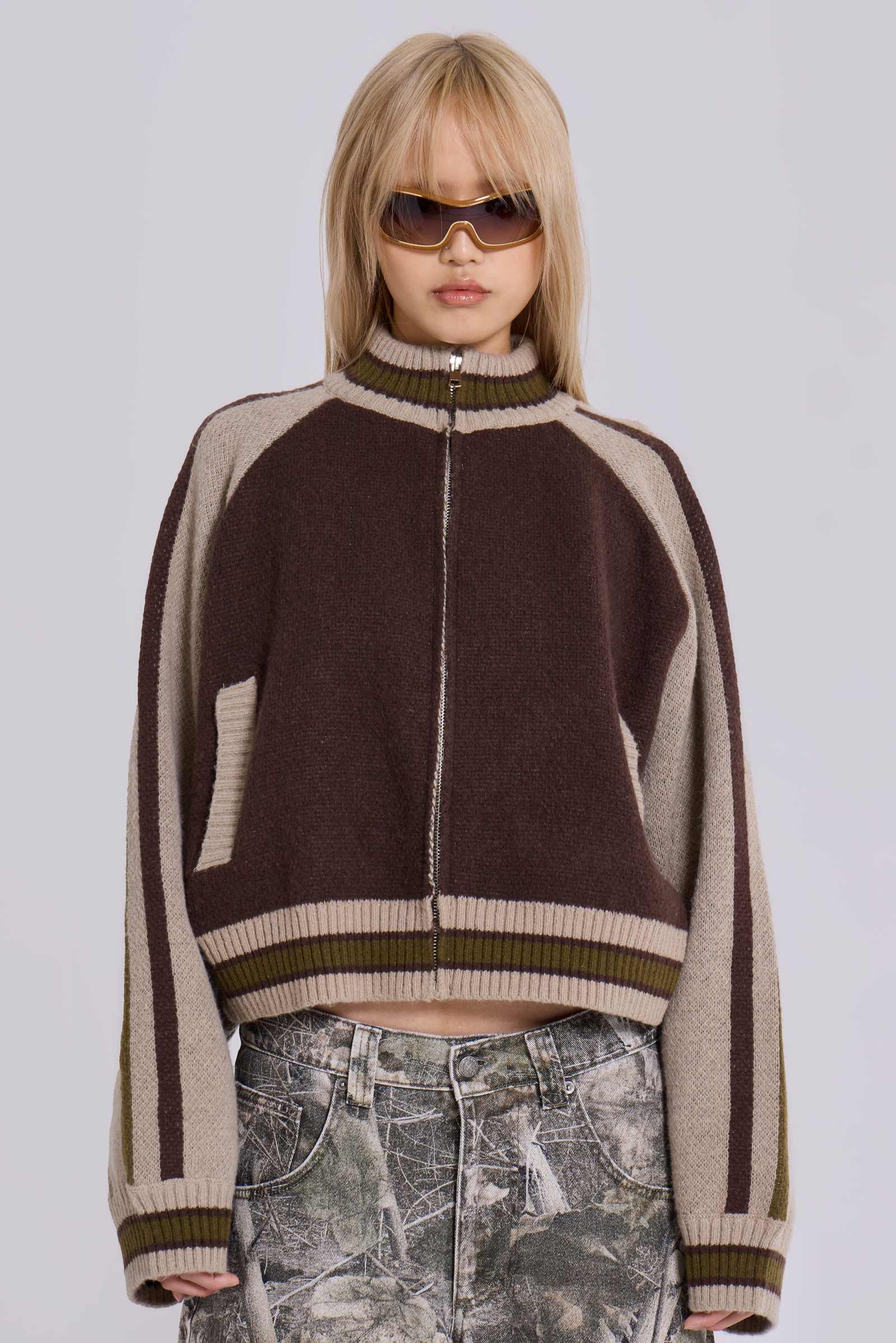 Brown Blue Ikat Bomber Jacket