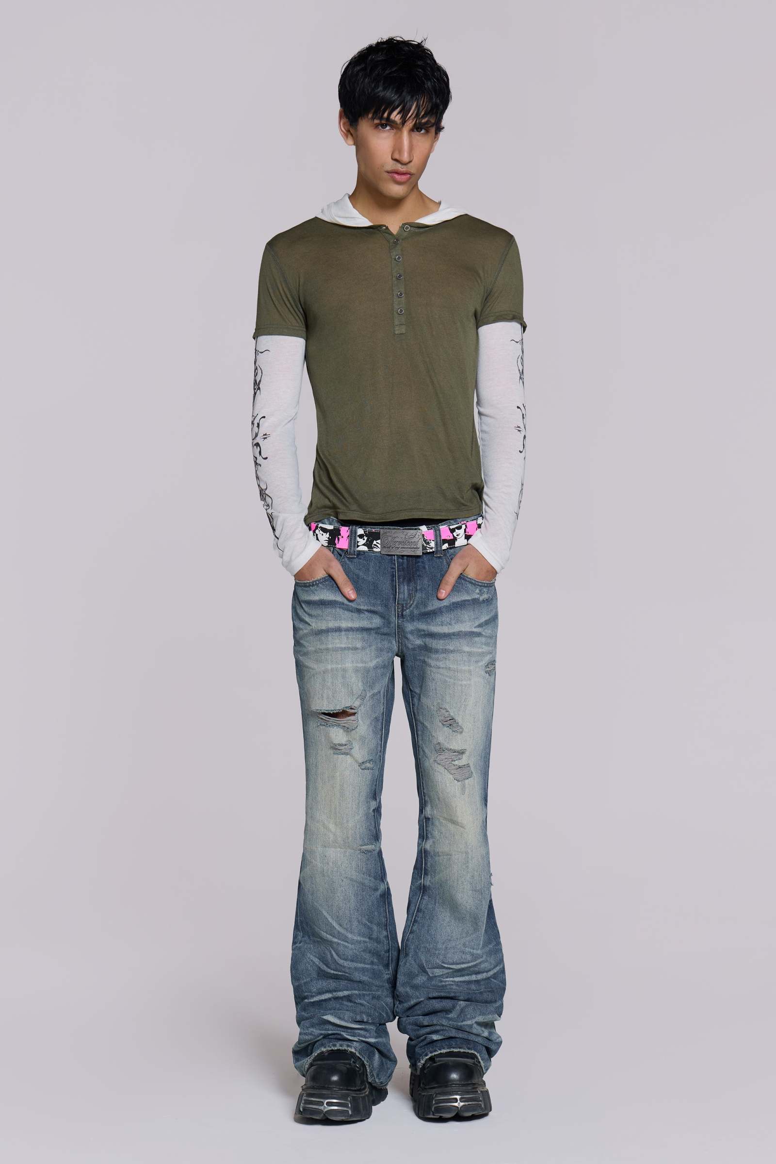 Pre-Order Blue Asymmetric Open Knee Distressed Flare Jeans