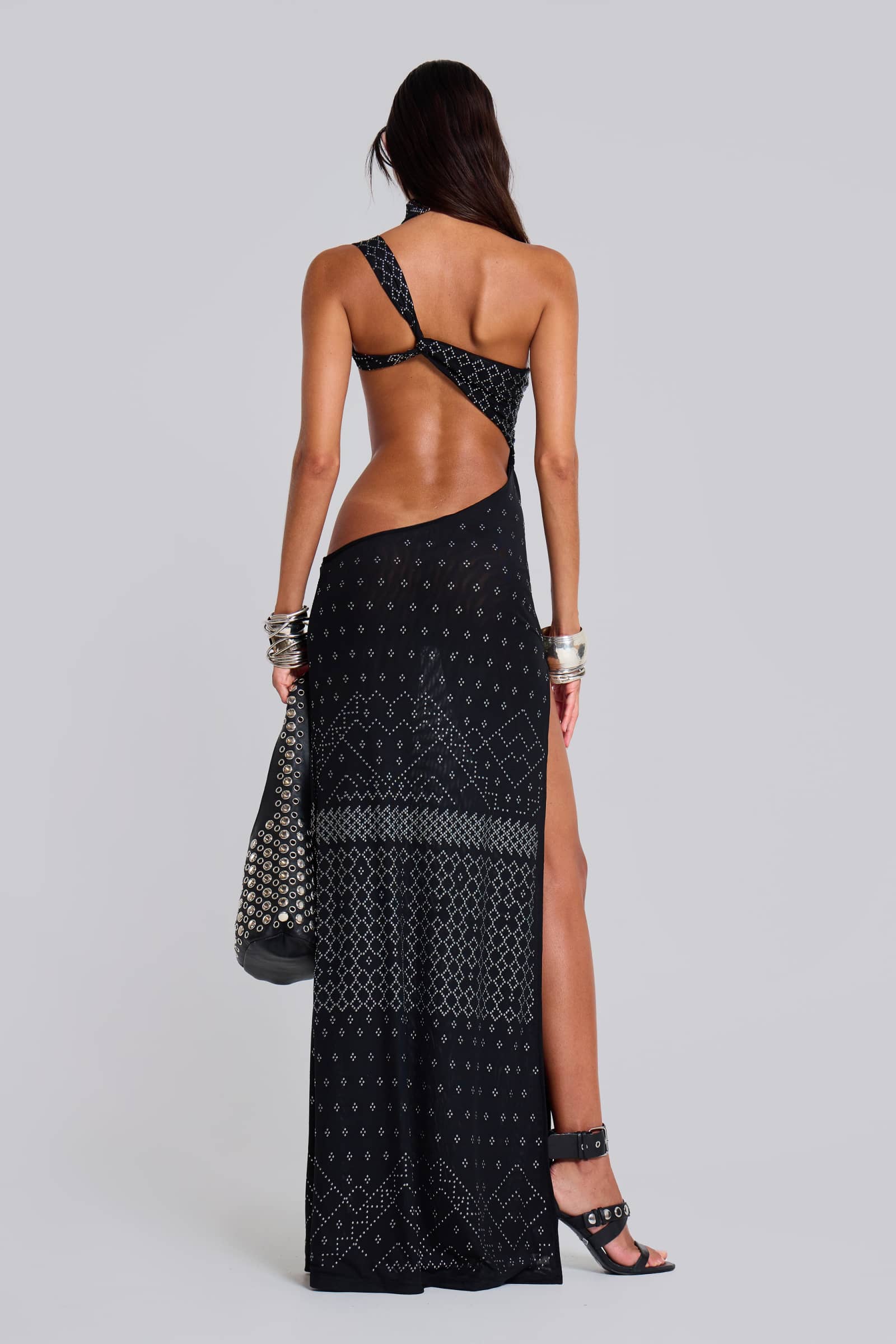 Cressida | Black Asymmetric-Neck Maxi Dress With Cape And Gold Detail