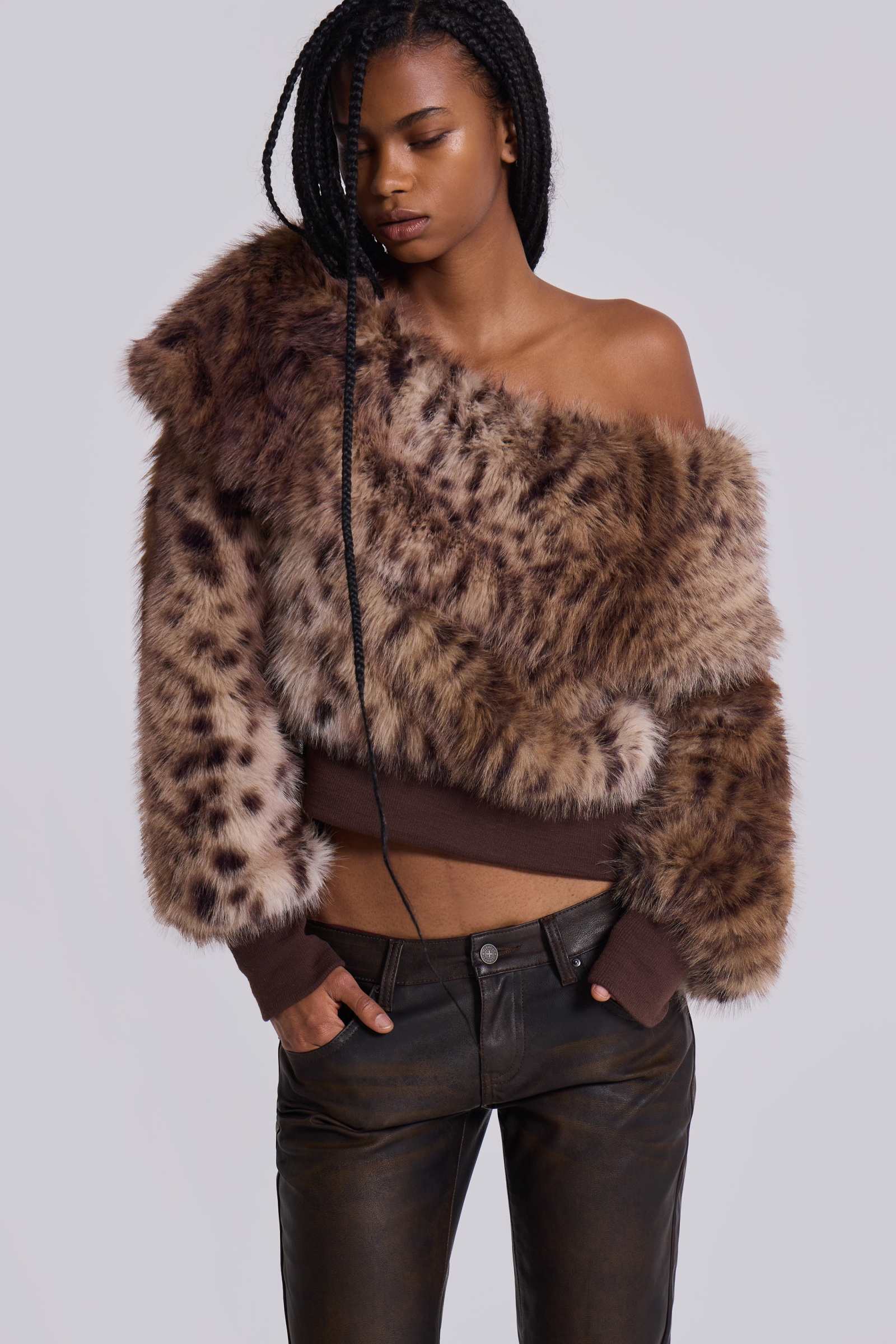 Off The Shoulder Faux Fur Leopard Jumper | Jaded London | Clothing