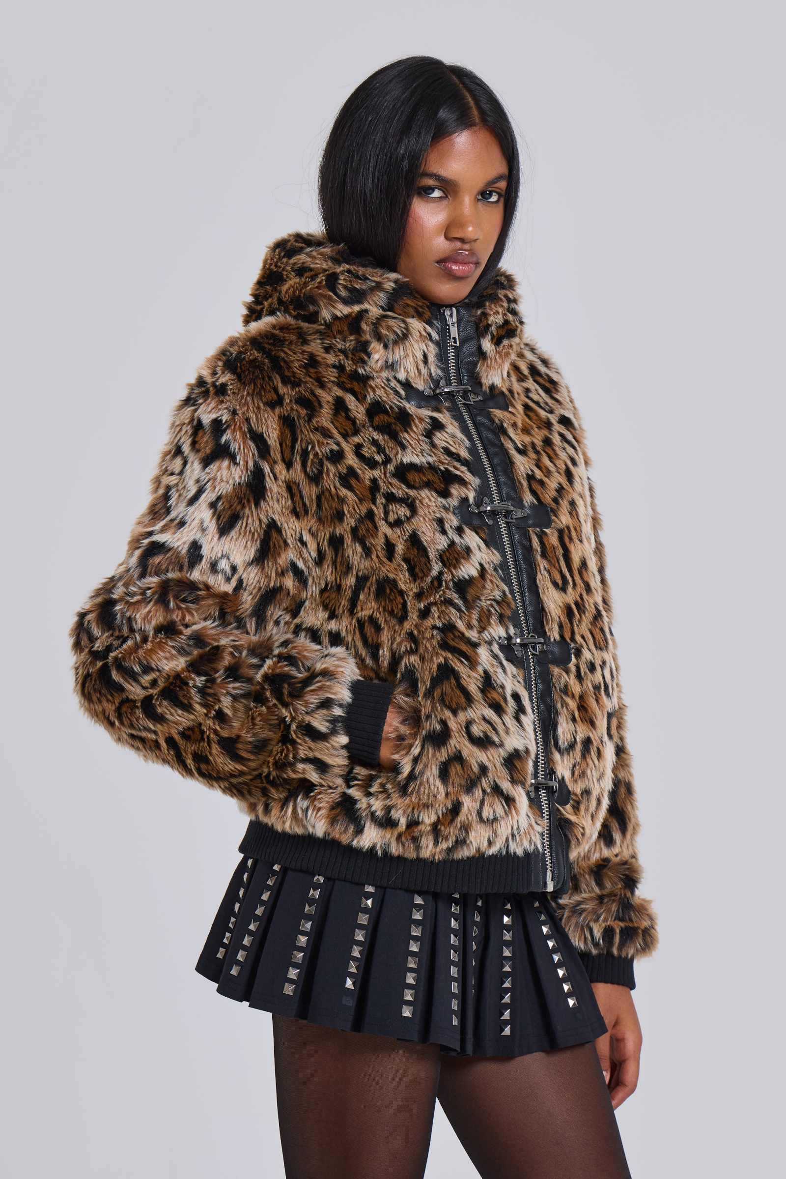 Leopard Print Jacket With Hood Leopard Mid-Length Faux Fur Winter