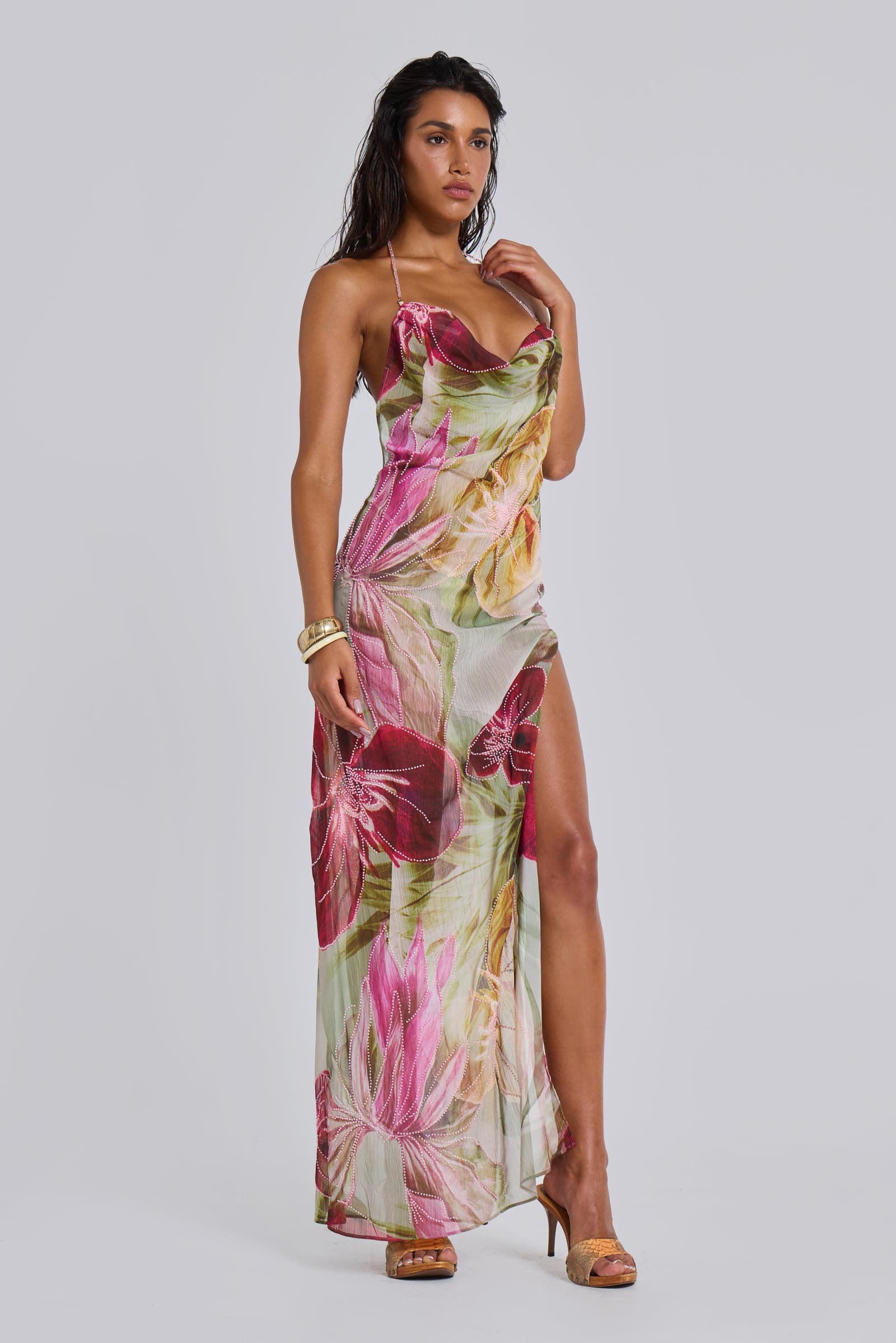 Keyhole Neckline Open Back Chiffon Maxi Dress Jade