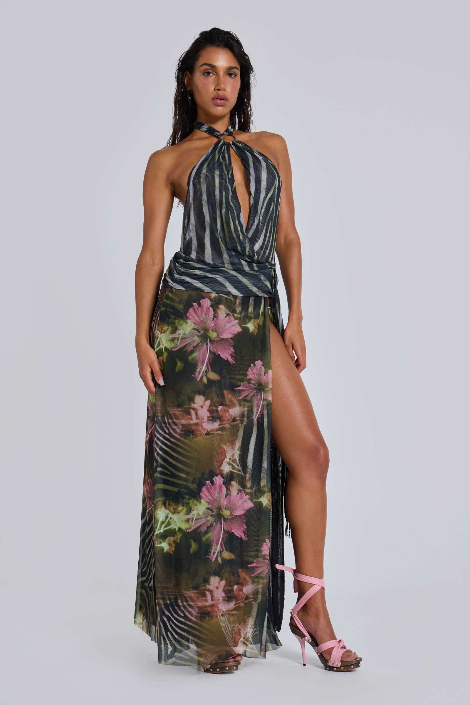 Talassa Maxi Dress with Real Feather