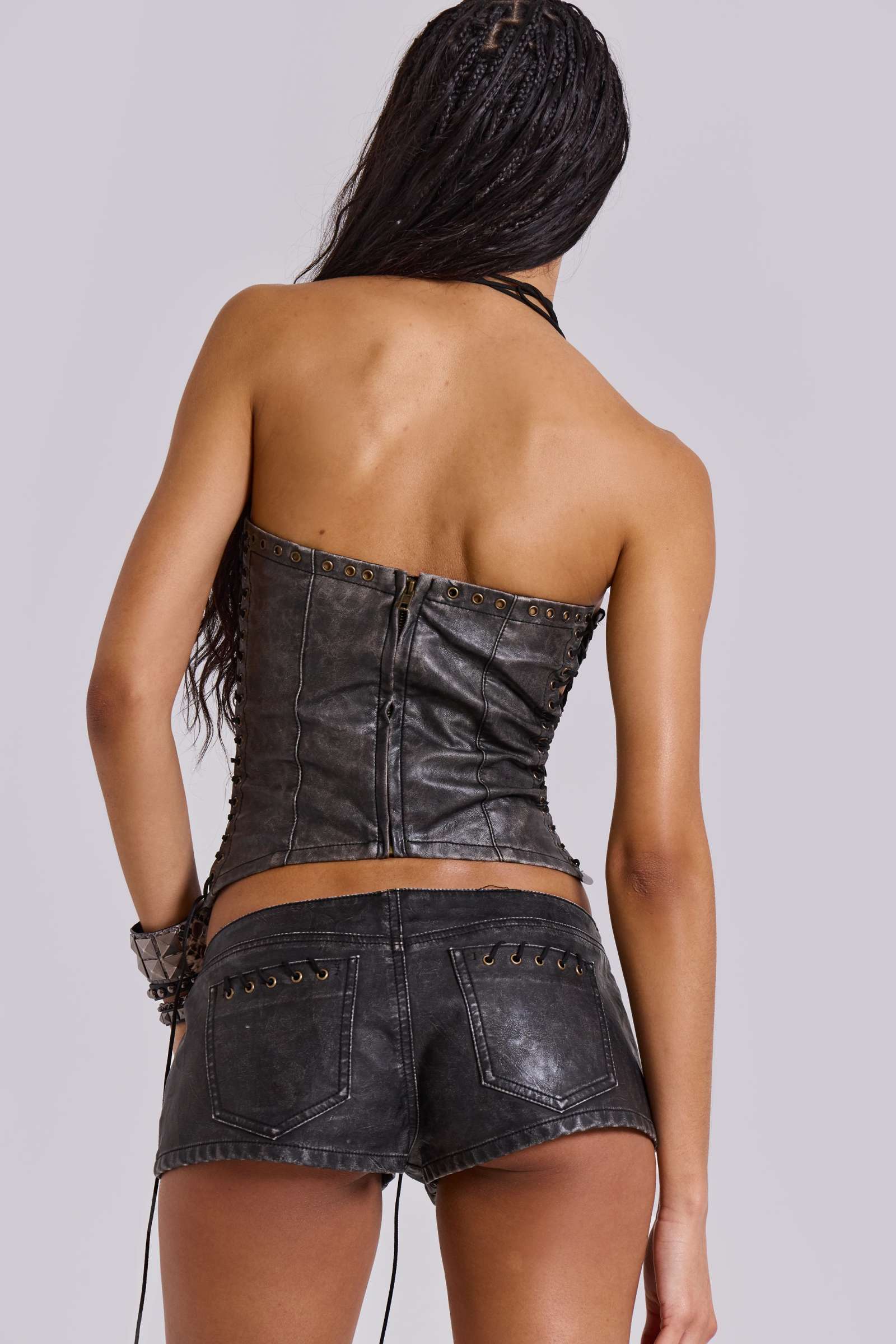 Lavish Wet Look Faux Leather Lace-Up Over Bust Corset main image 1