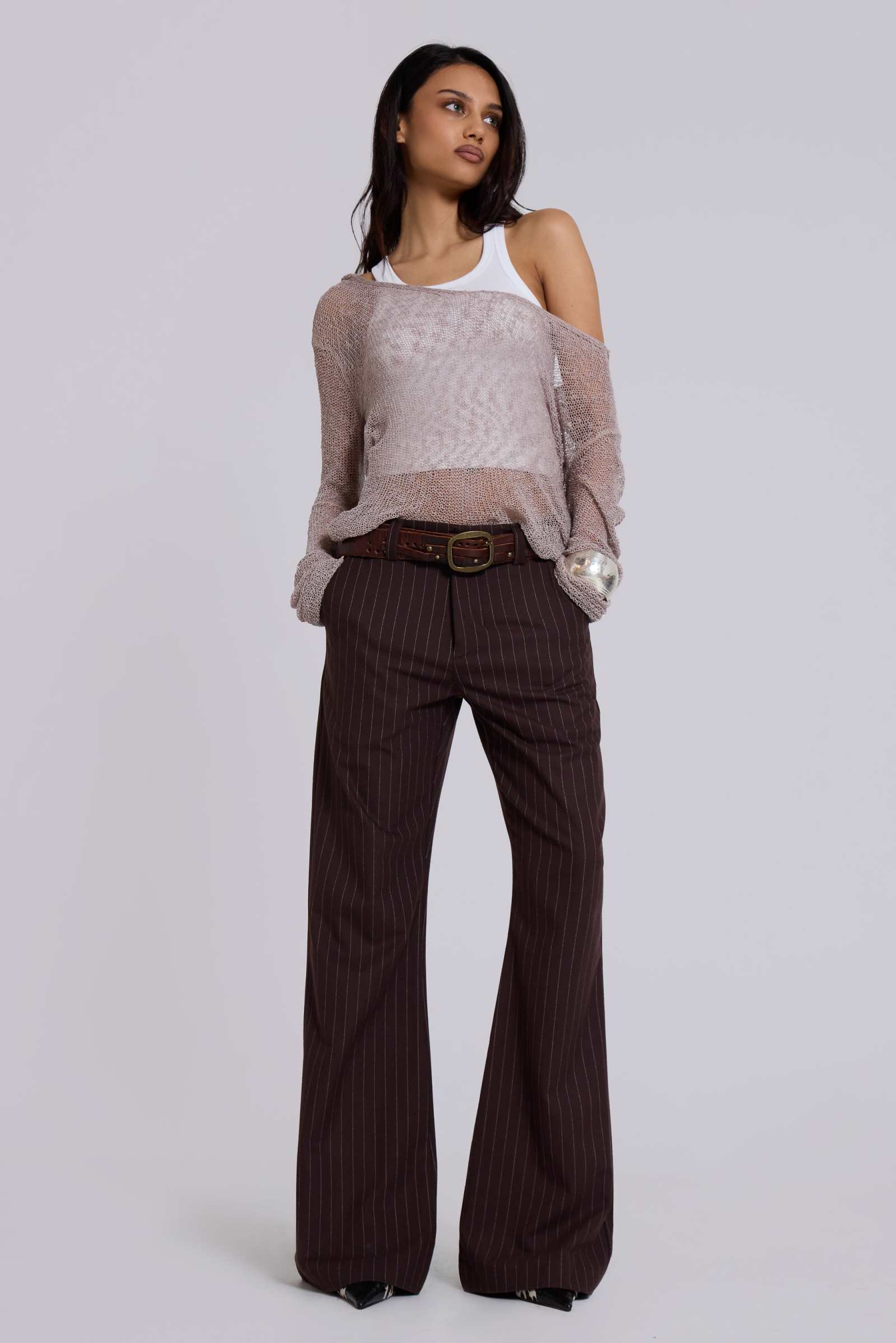 Layered Formal Long Sleeve Scoop Neckline Pantsuit Brown main image 1