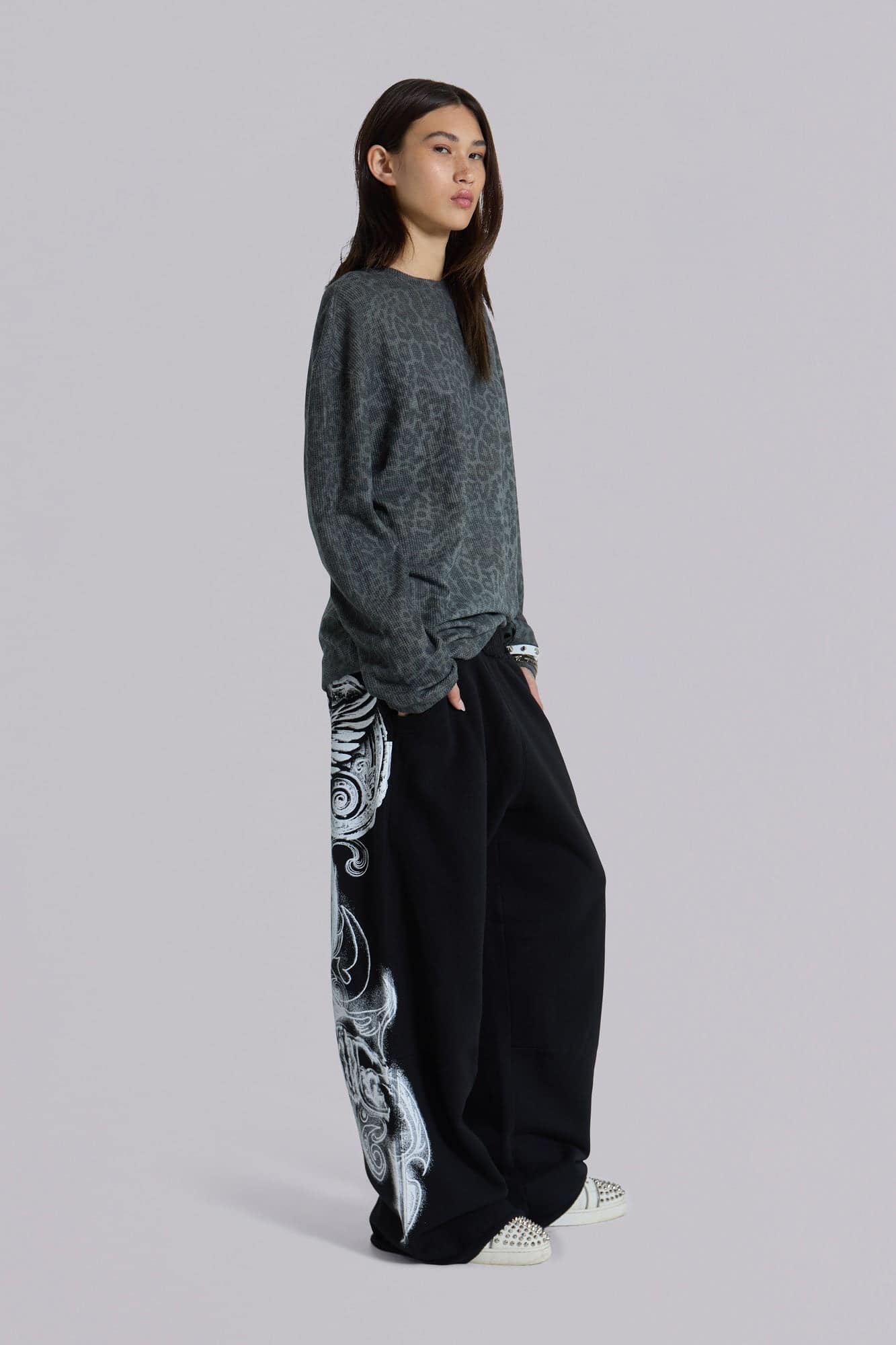 Women’s Black Gothic Dragon Print Baggy Jeans