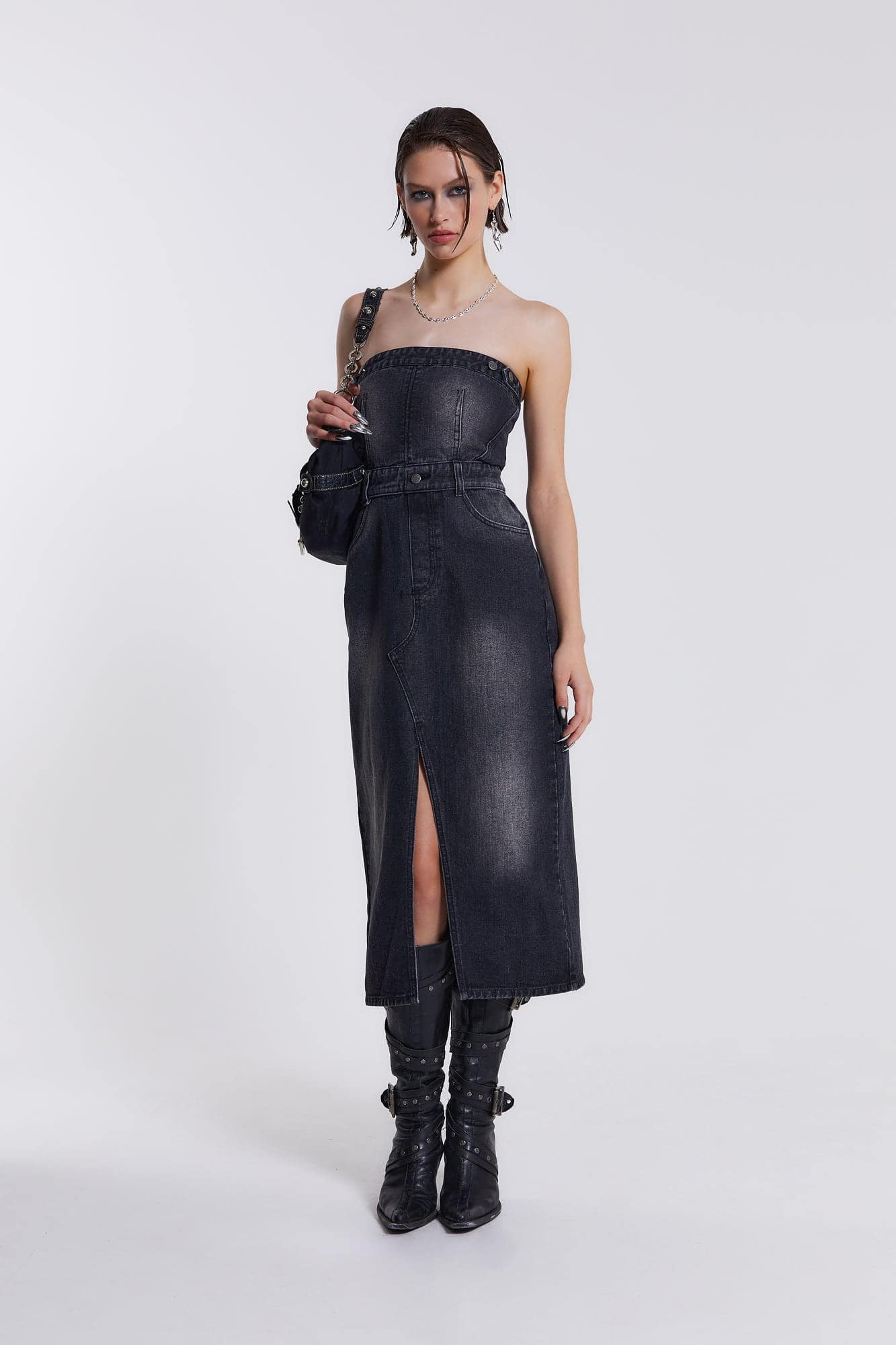 Shop Liberty 2 In 1 Detachable Denim Black Midi Dress