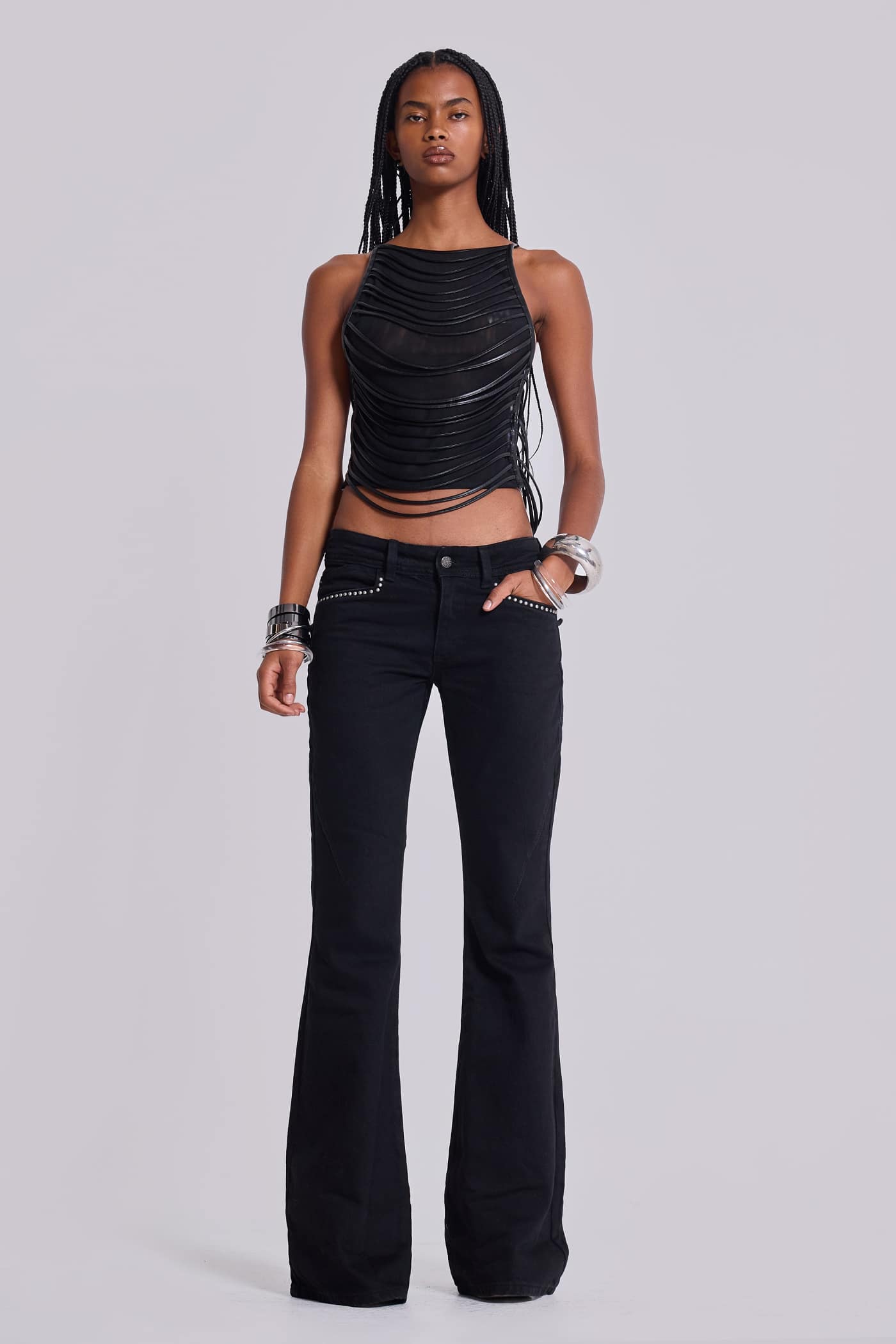 Jet Black Studded Drift Bootcut Jeans