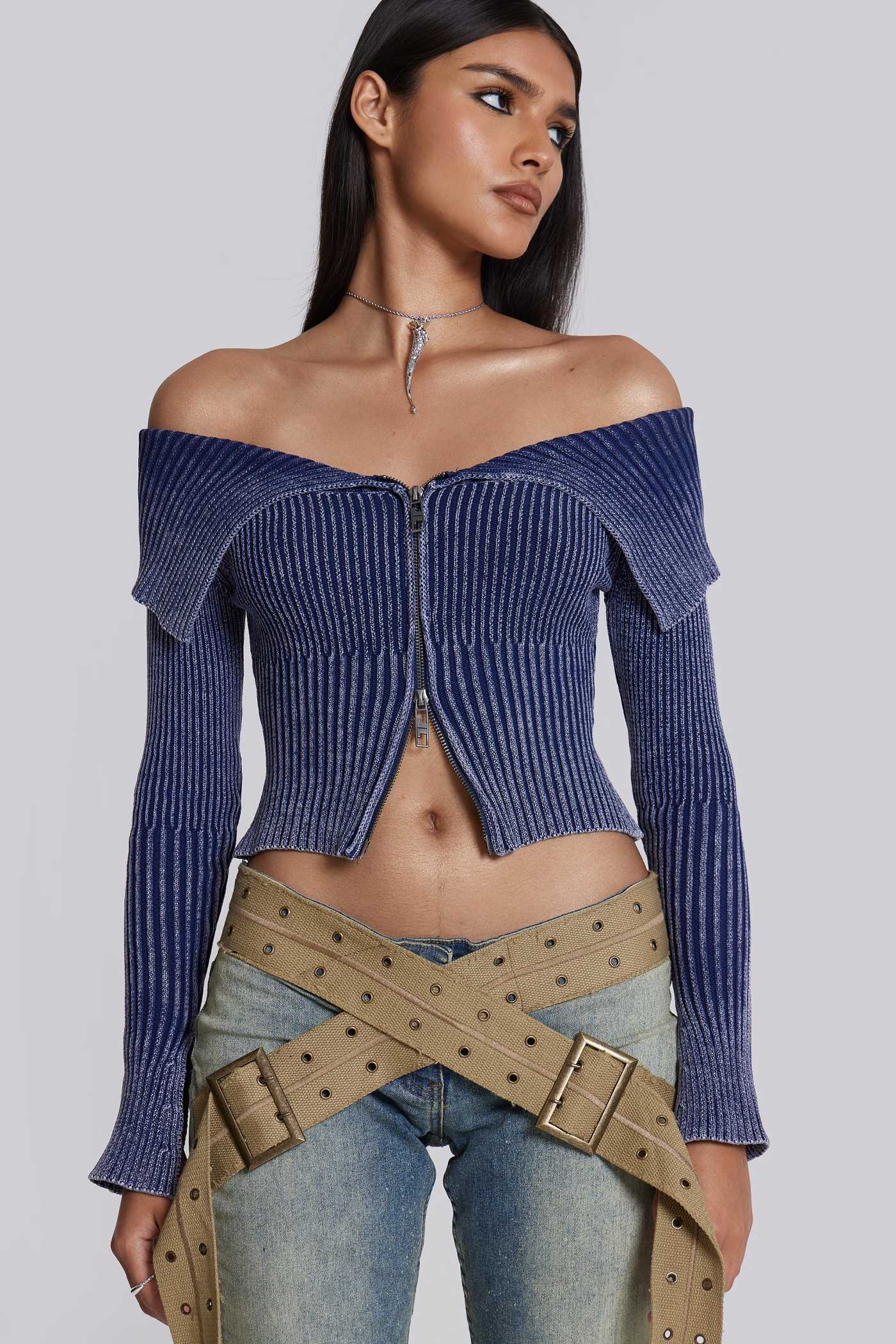 Shop Tribeca Blue Ribbed Off The Shoulder Knit | Jaded London