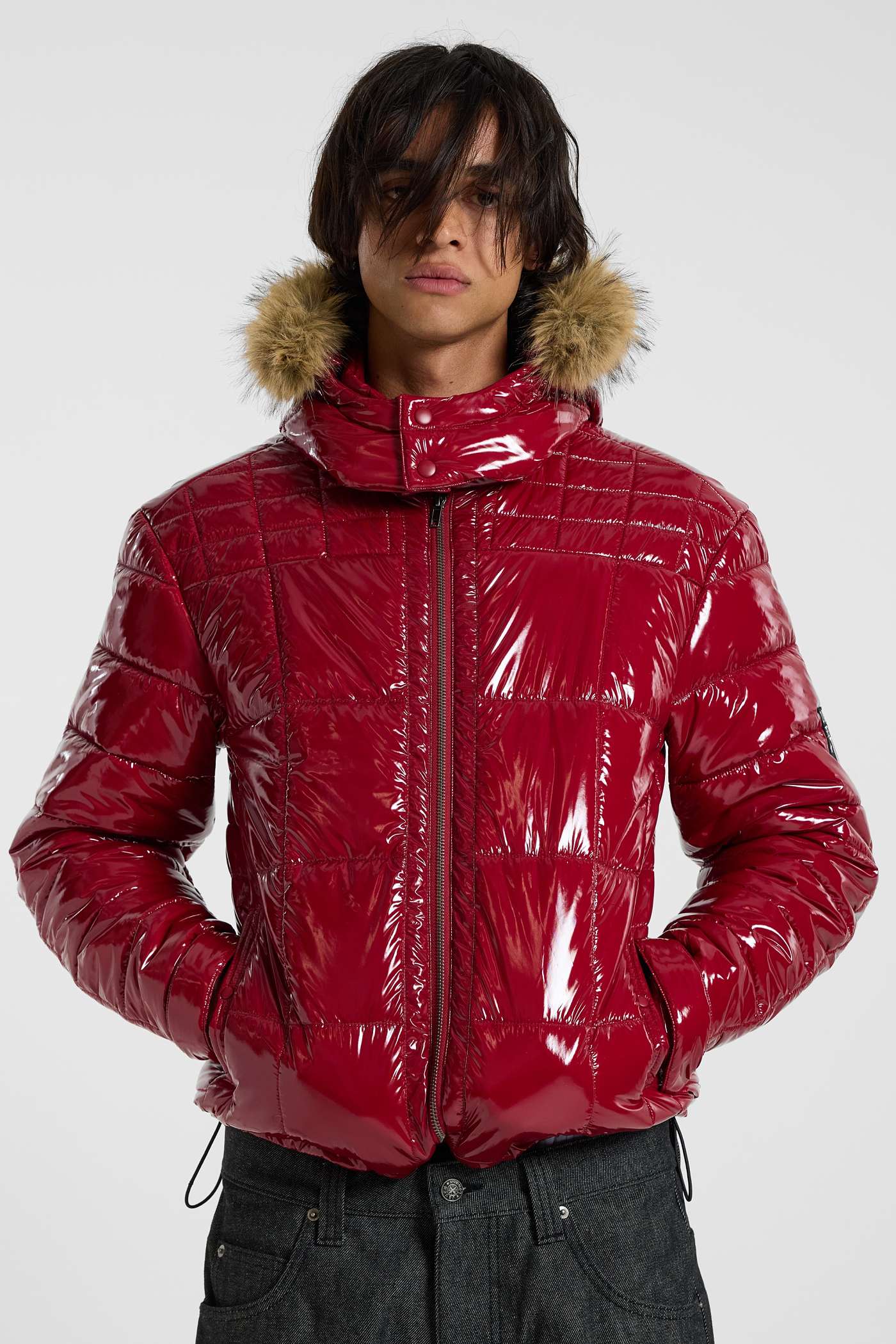 Red Hi Shine Fur Hood Puffer