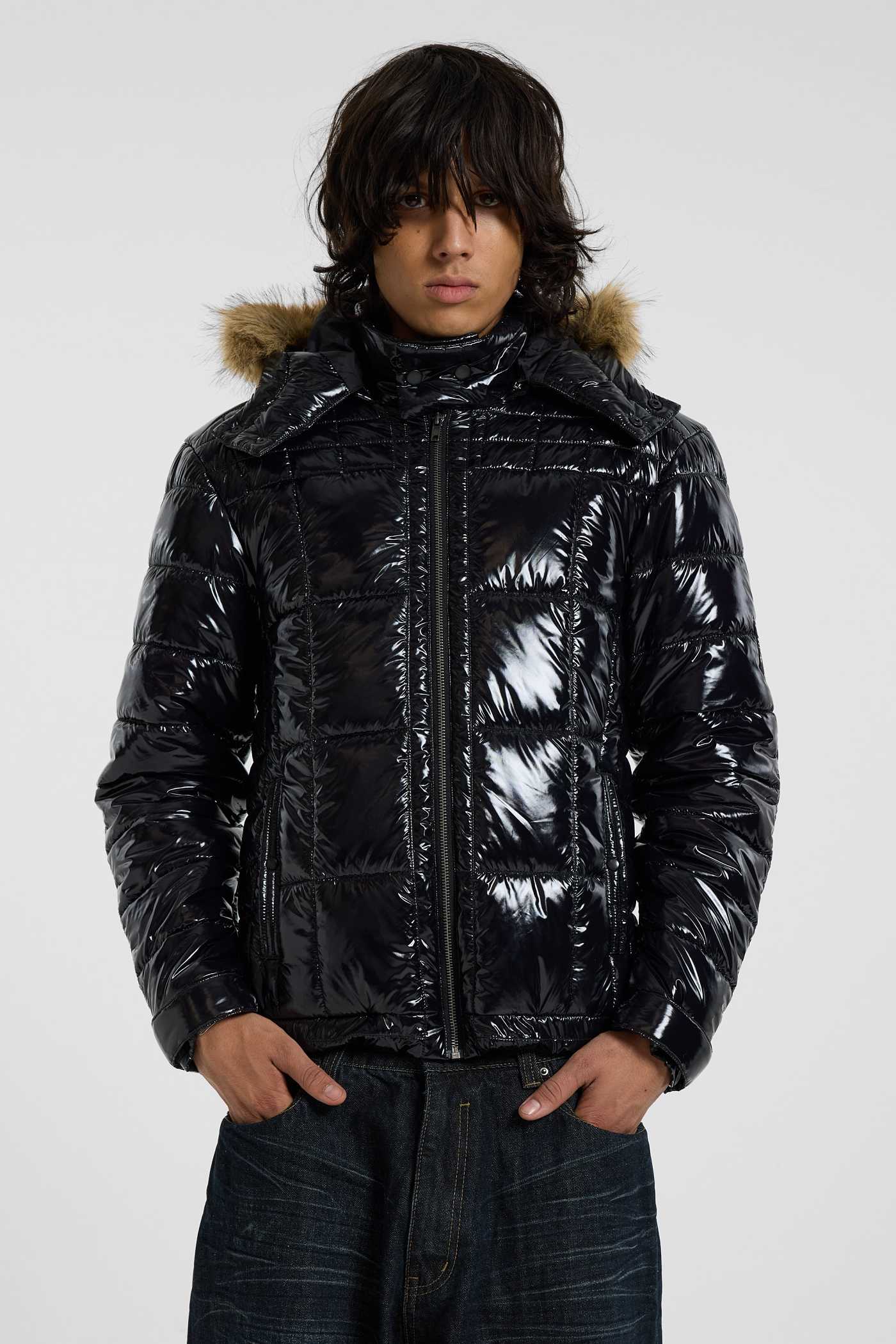 Black Hi Shine Fur Hood Puffer
