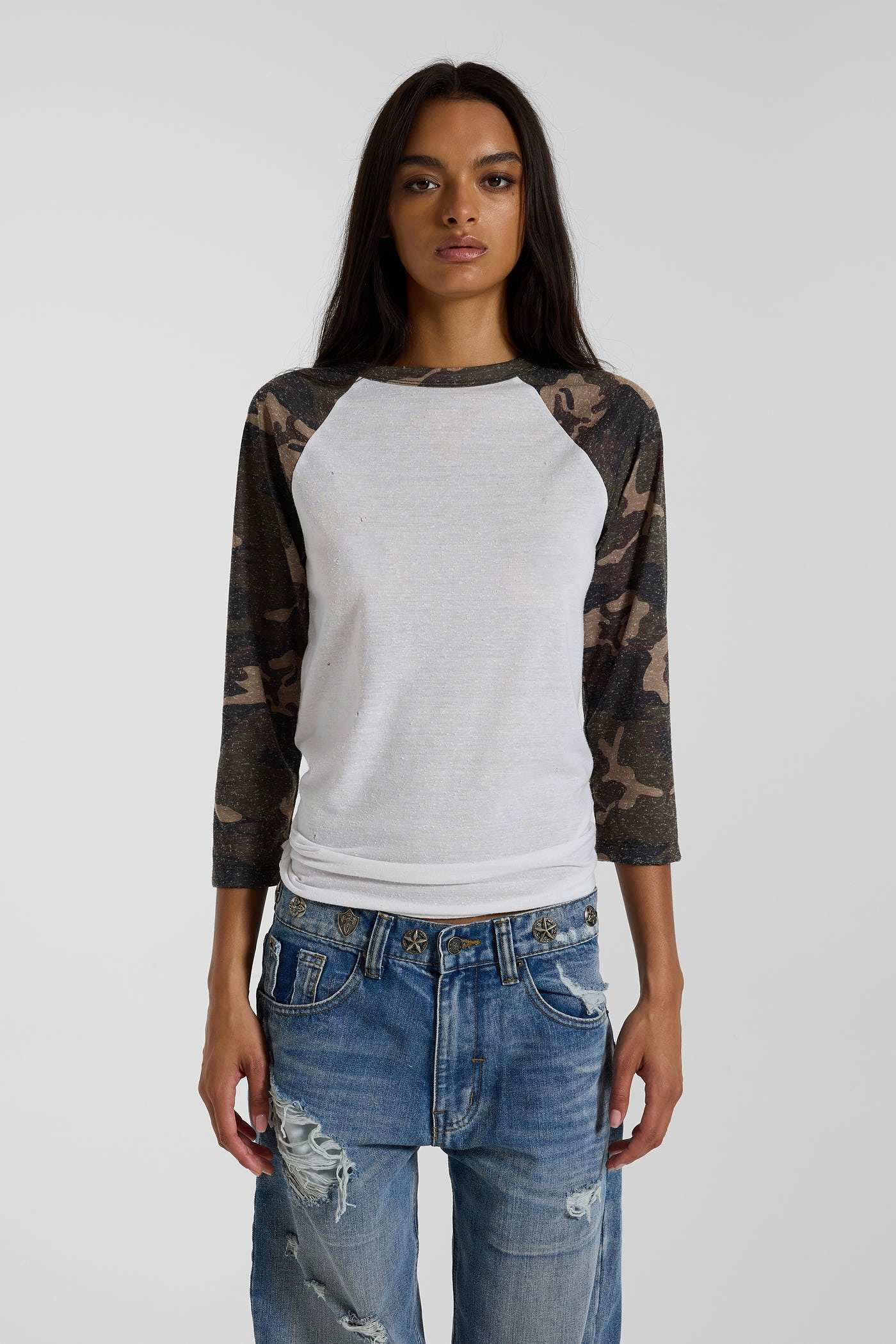 Camo Los Angeles Distressed Raglan Top
