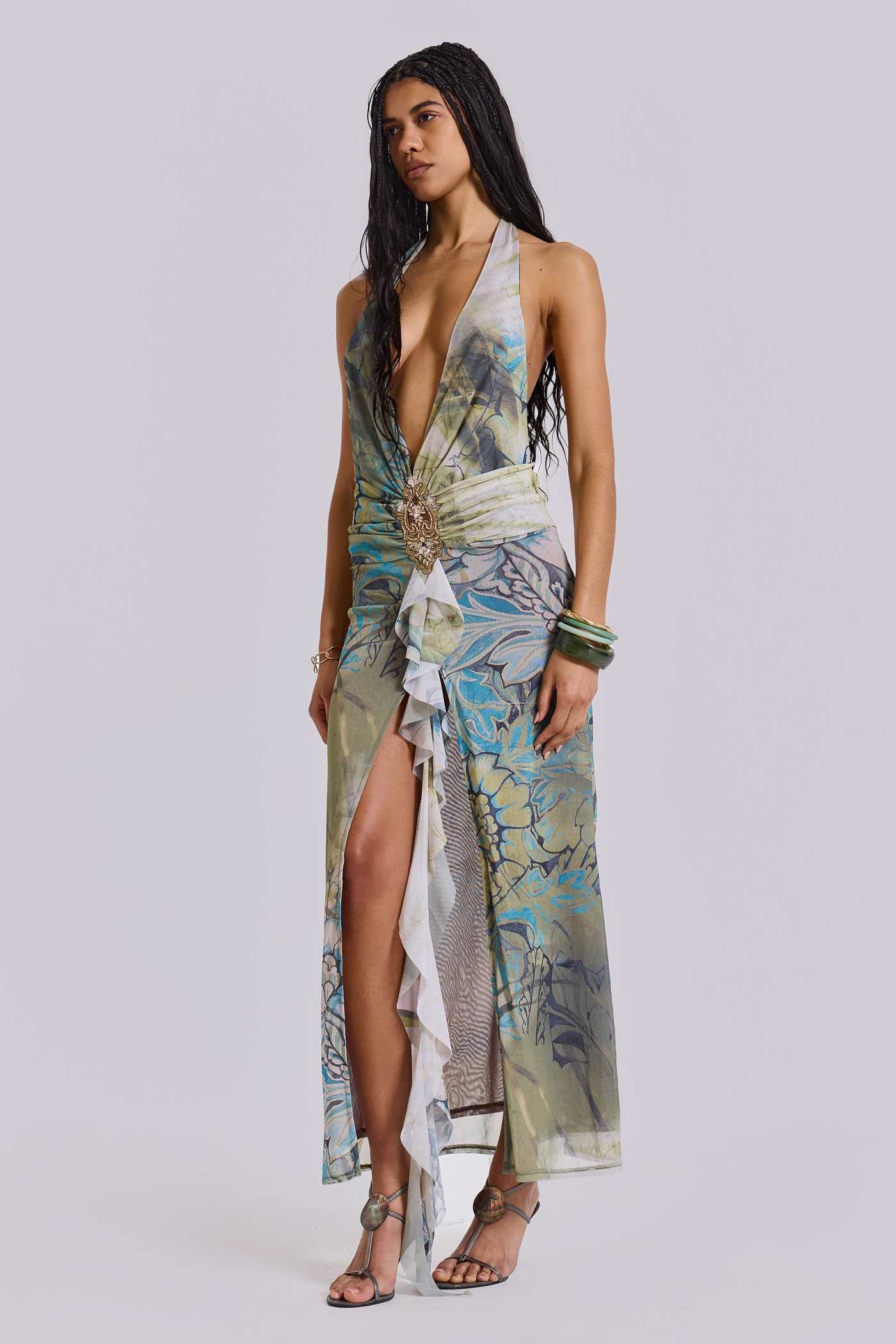 Cindy Plunge Maxi Dress In Green