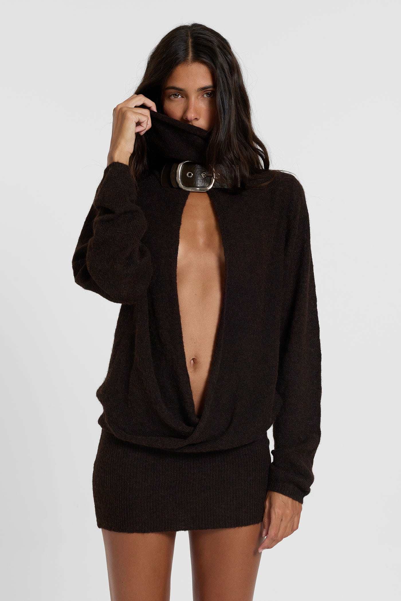 Funnel Buckle Plunge Knit Dress – view 1