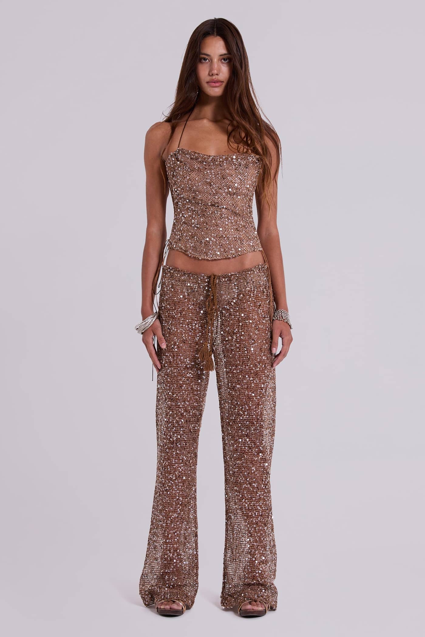 Deva Sequin Knit Trousers in Sand