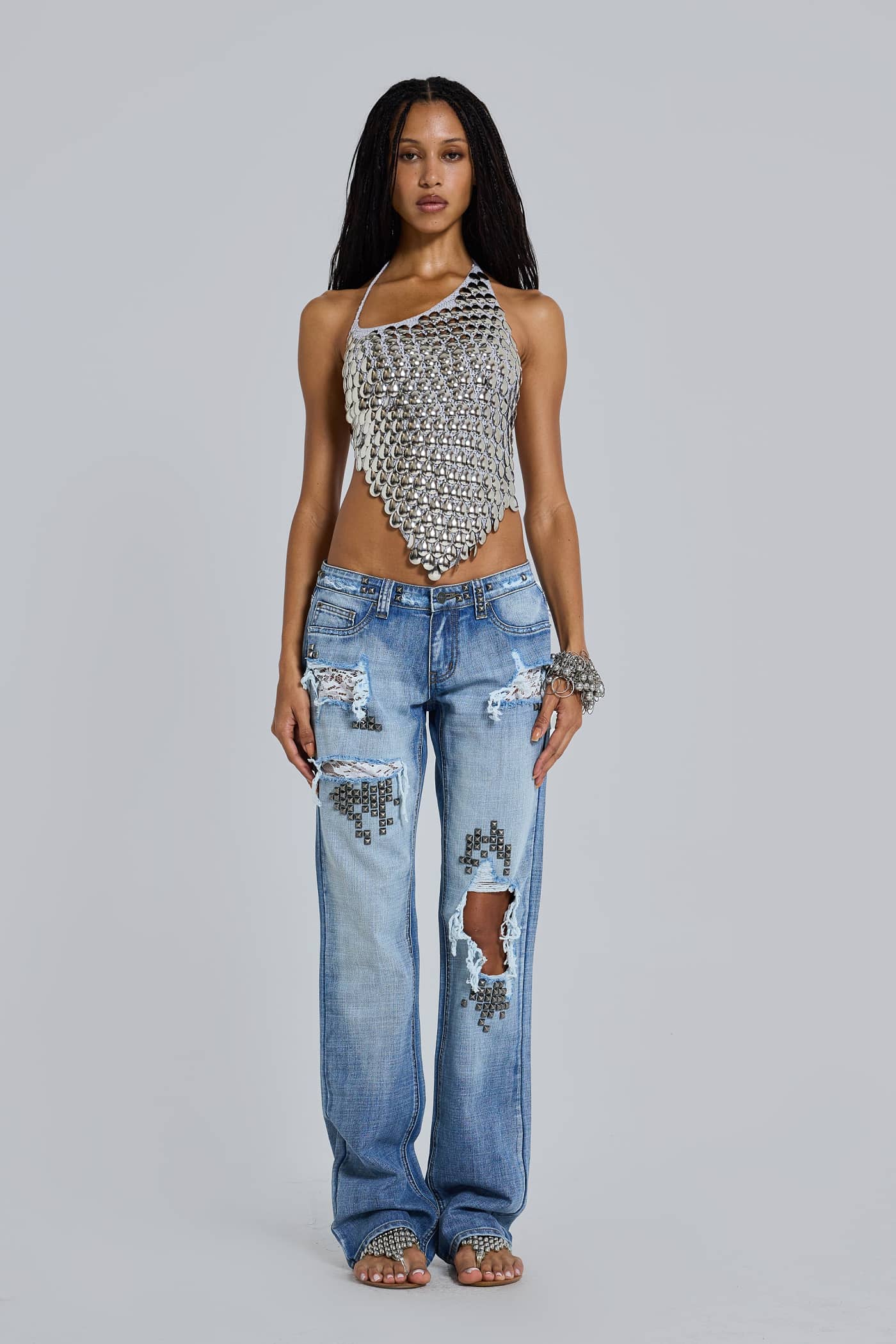 Tori Distressed Lace Low Rise Bootcut Jeans in Light Wash