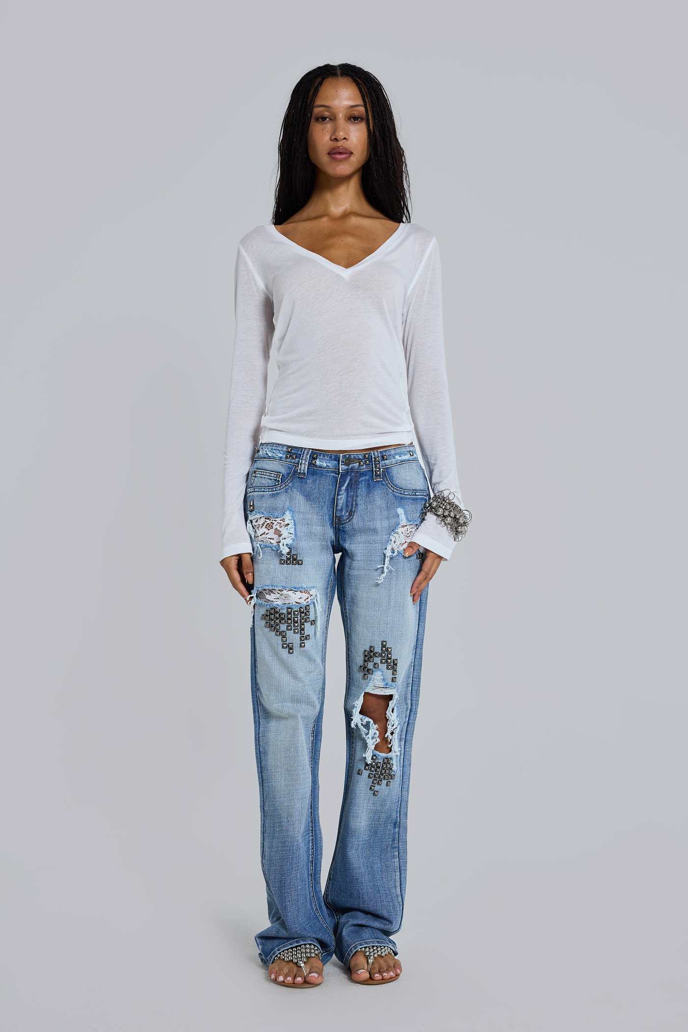 Tori Distressed Lace Low Rise Straight Leg Jeans in Light Wash – view 4