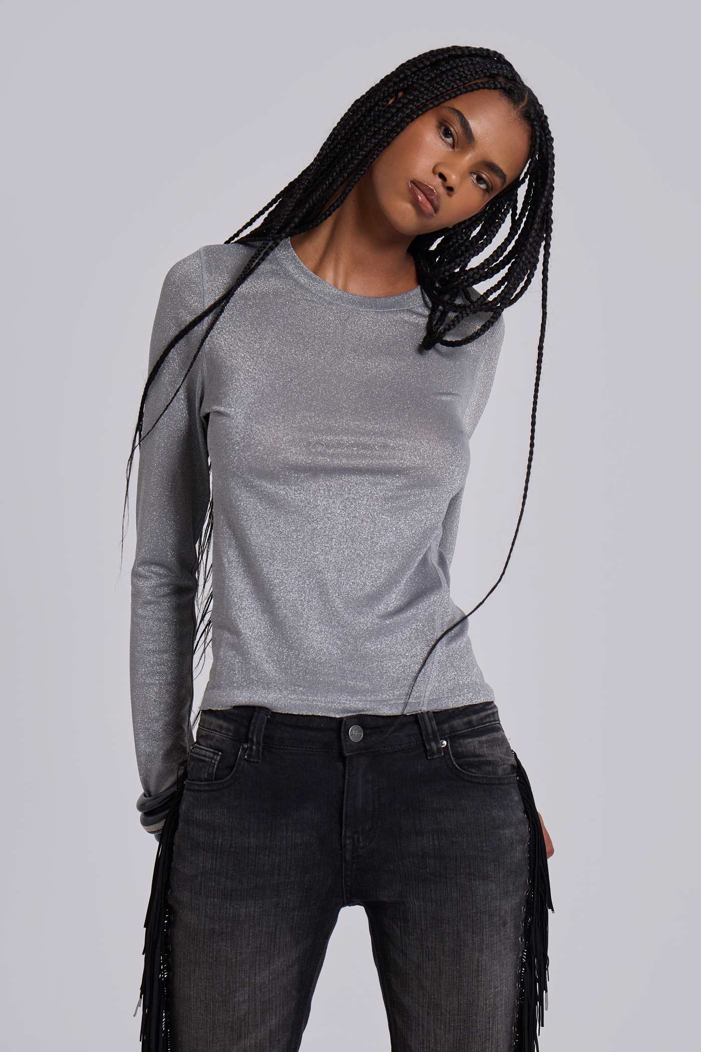 Xeni Glitter Long Sleeve Top in Silver