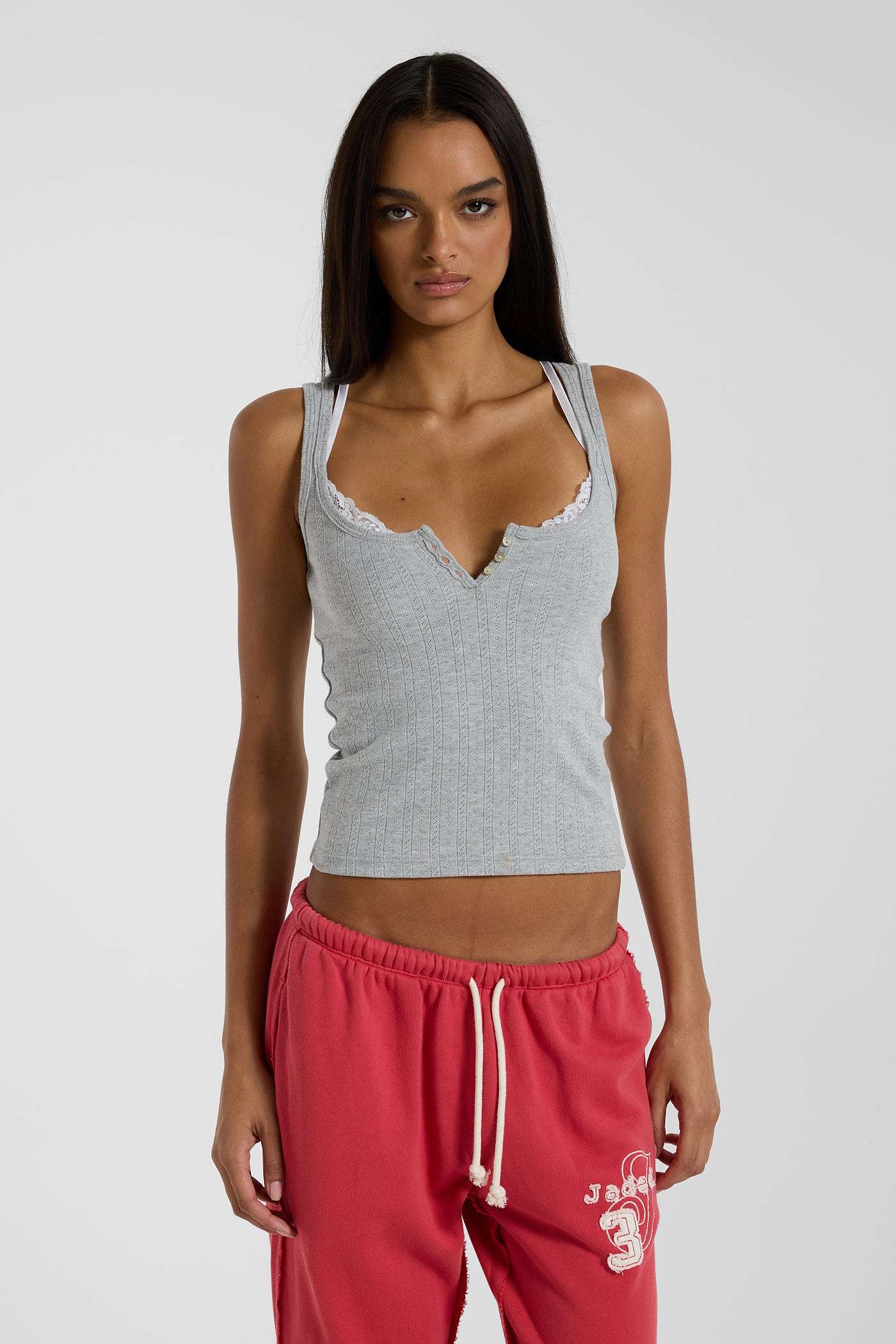 Grey Henley Vest With Lace Trim