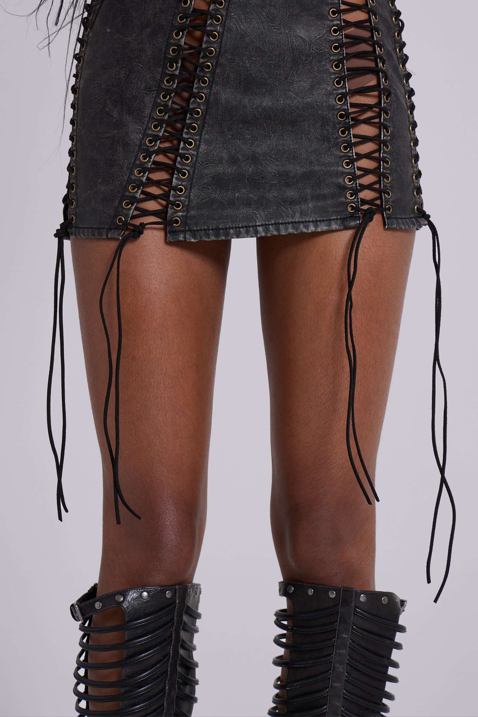 Odile Black Faux Leather Lace Up Mini Dress
