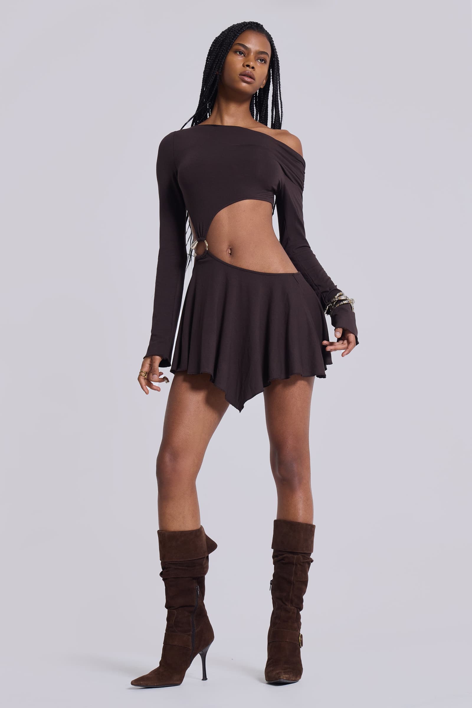 dera asymmetric cut out mini dress in brown Bandeau Asymmetric Drape Detail Mini Dress In Chocolate Brown | EGO US