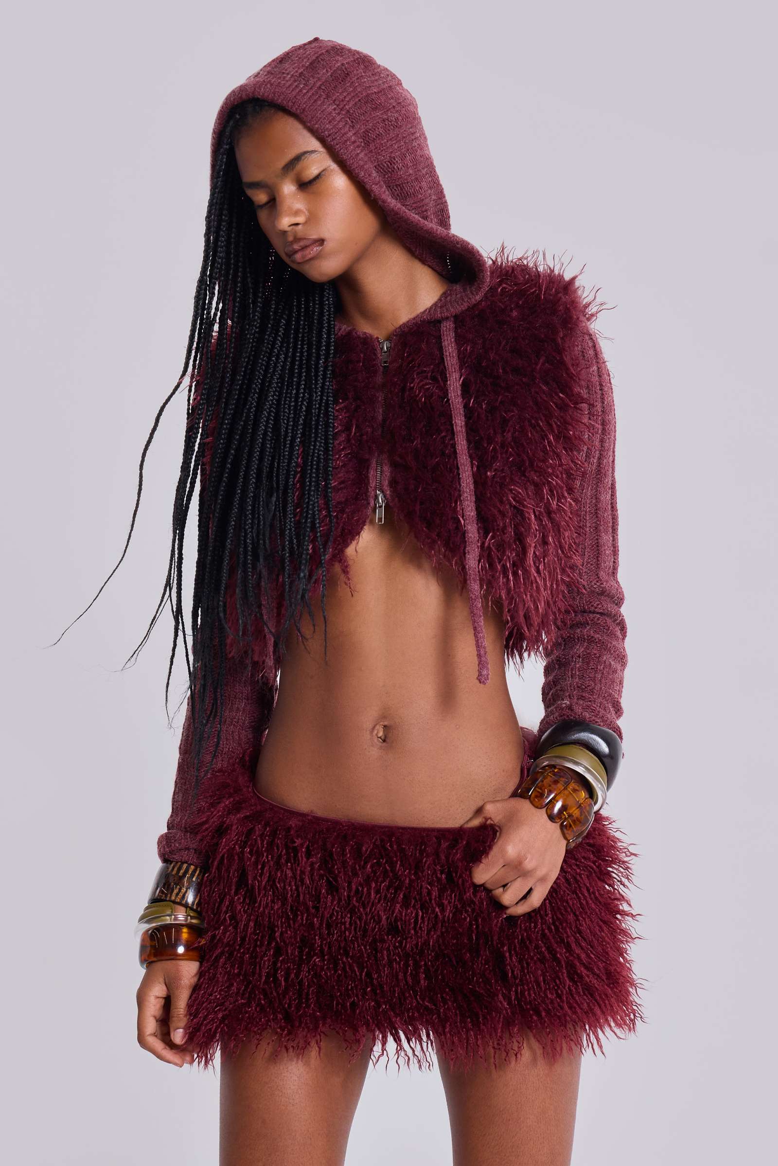 Haka Mongolian Faux Fur Knit Shrug in Wine