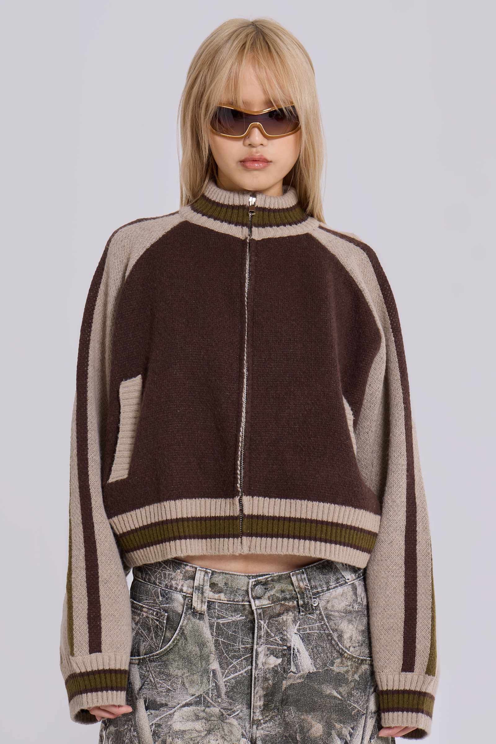 Brown Team 85 Knitted Bomber Jacket