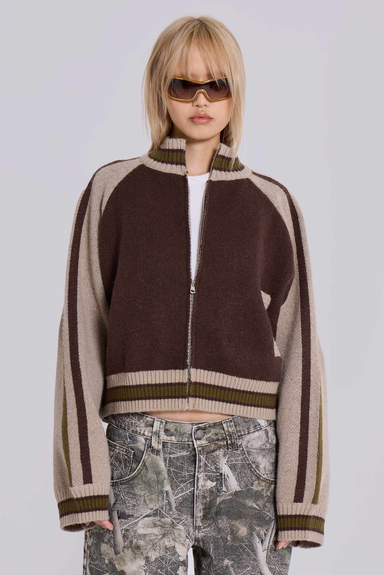 Brown Team 85 Knitted Bomber Jacket