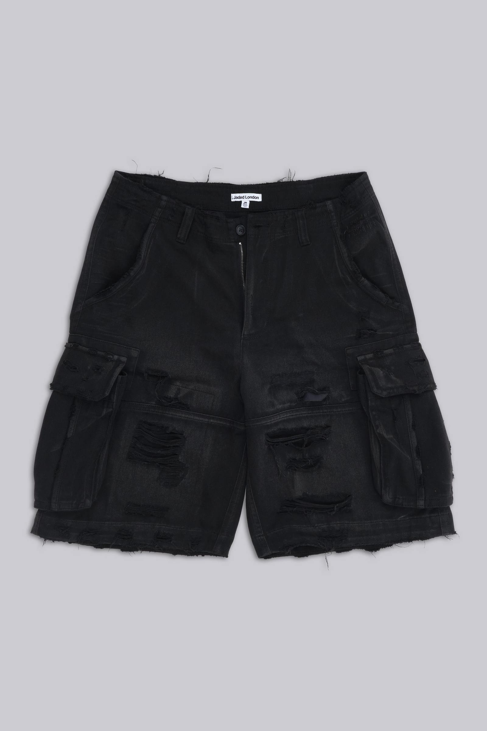 Black Distressed Beach Cargo Shorts