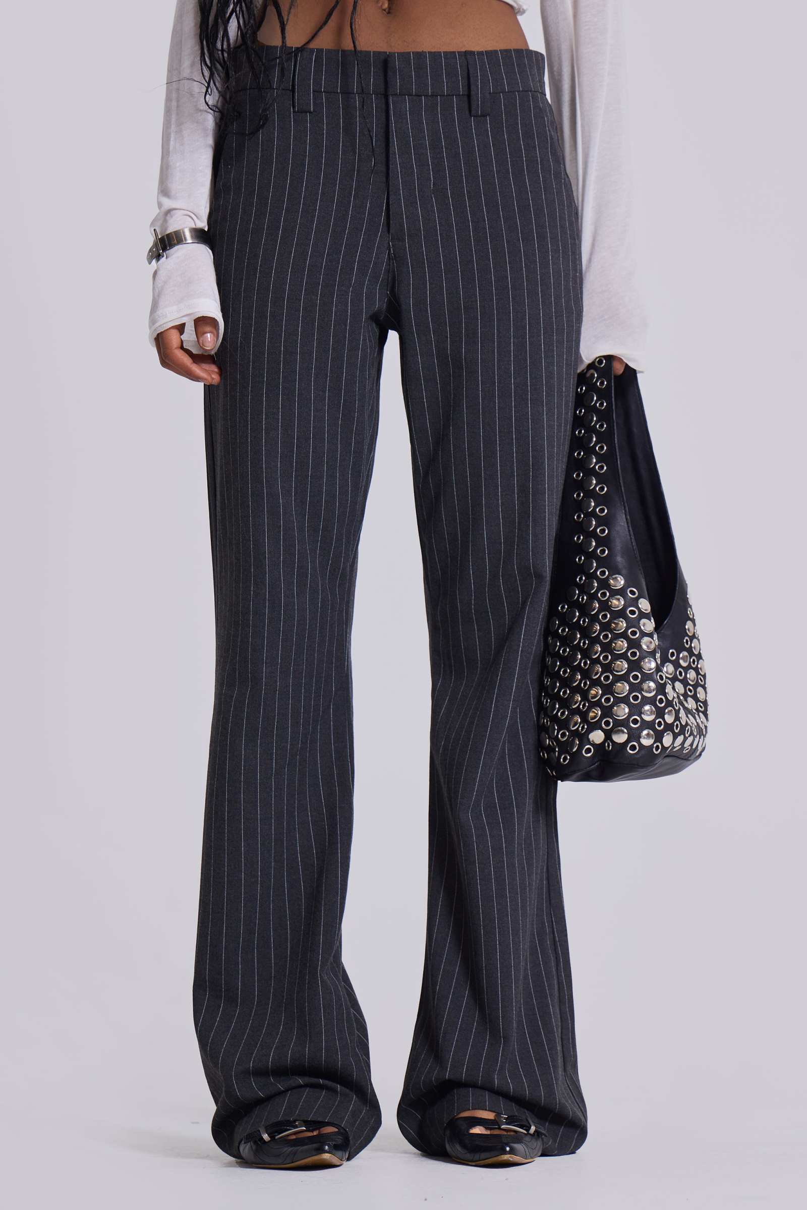 Grey Pinstripe Stacked Bootcut Suit Pants