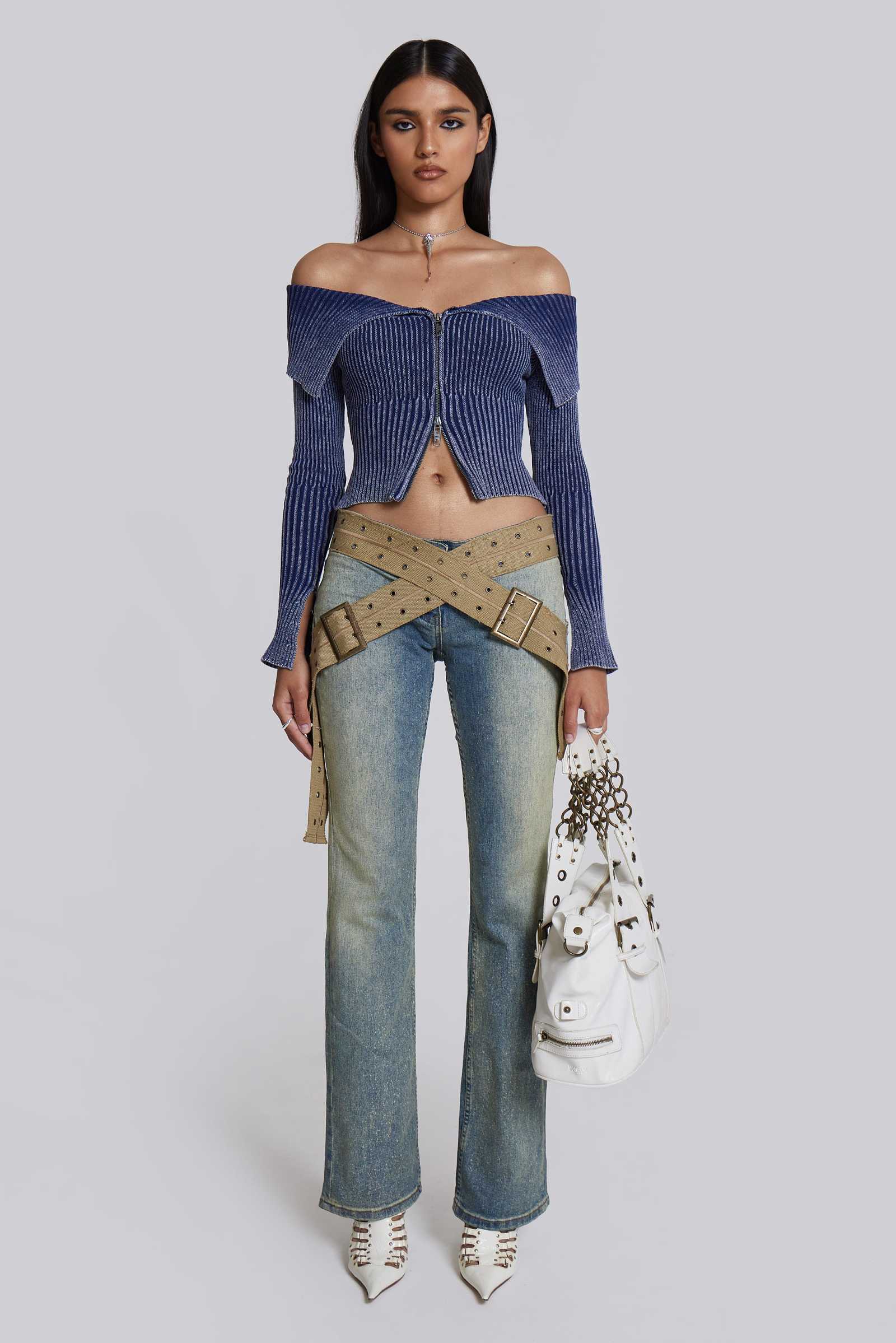Shop Tribeca Blue Ribbed Off The Shoulder Knit | Jaded London