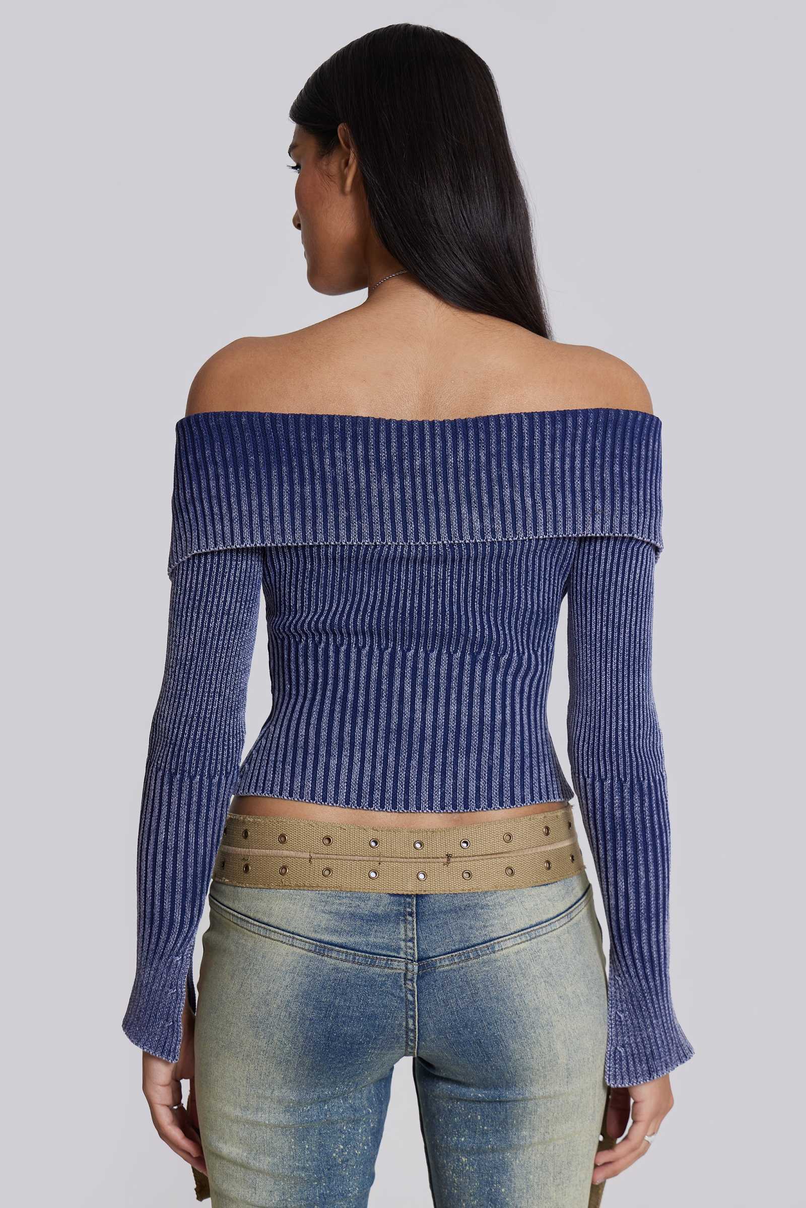 THE TOÉ Tribeca off shoulder knit Shop Tribeca Blue Ribbed Off The Shoulder Knit | Jaded London