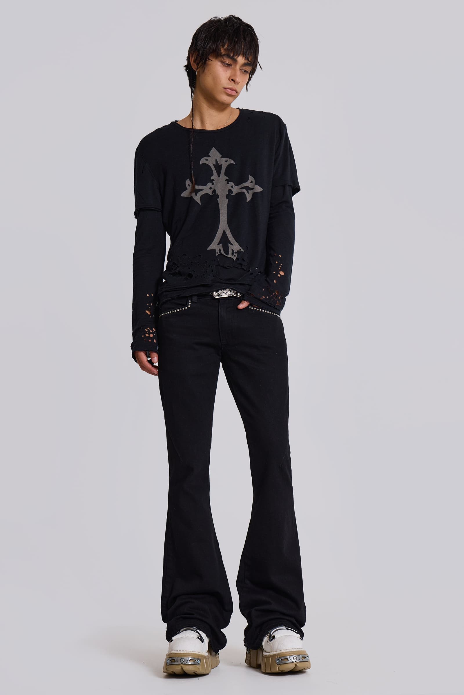 Jet Black Studded Drift Bootcut Jeans