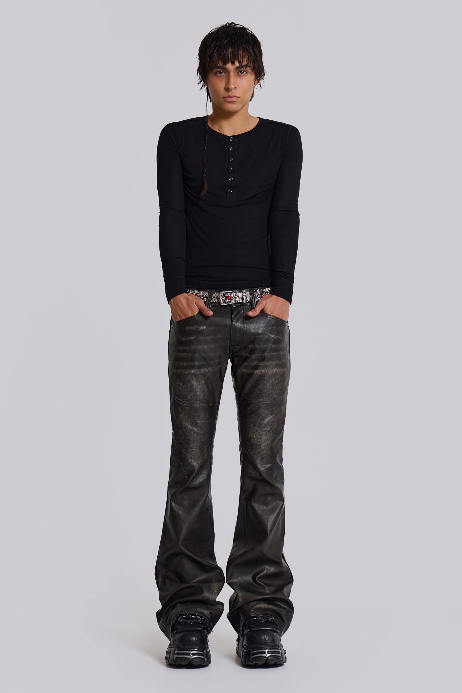 Washed Black PU Drift Bootcut Jeans