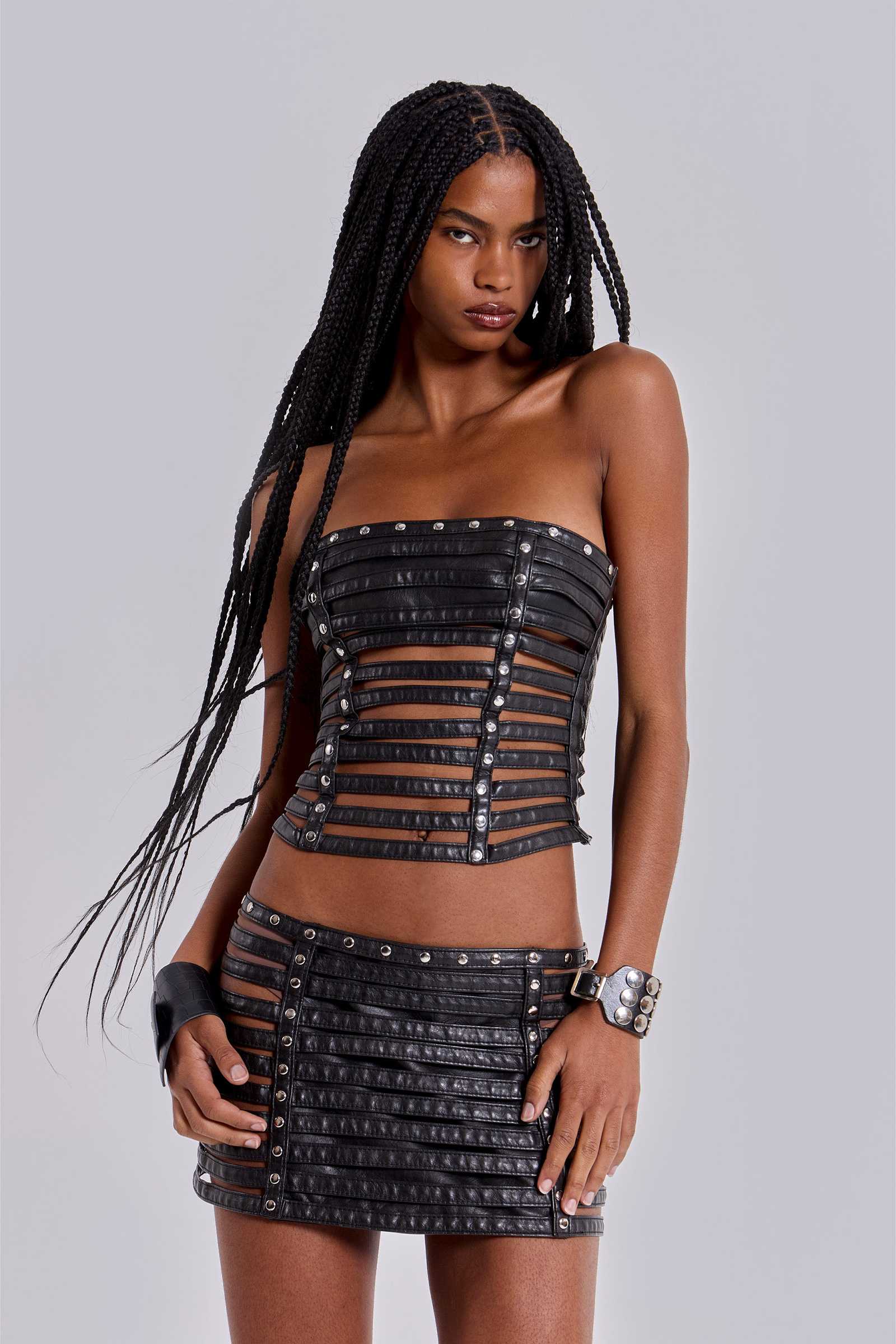 Nyxen Slashed Faux Leather Corset Top