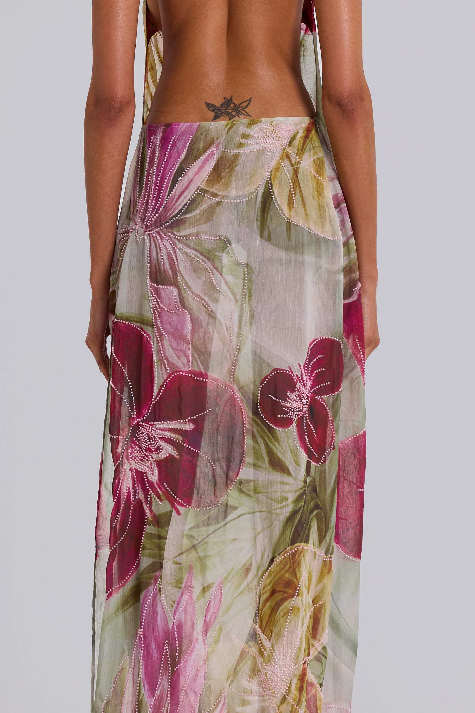 Dahlia Hand-Beaded Backless Chiffon Maxi Dress in Rosa