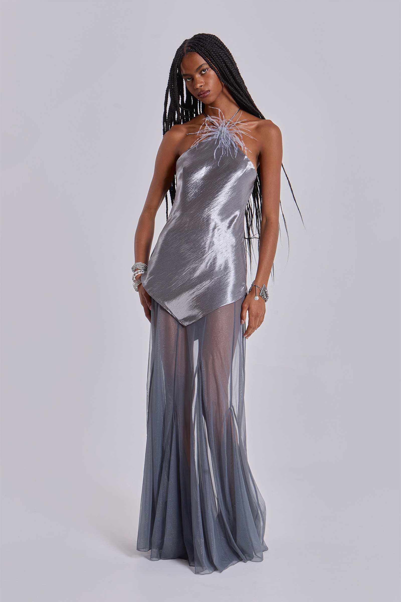 Talassa Maxi Dress with Real Feather