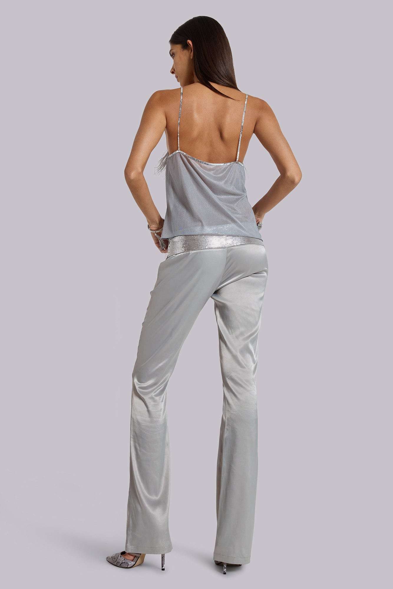 Nivi Chainmail Satin Trousers in Silver
