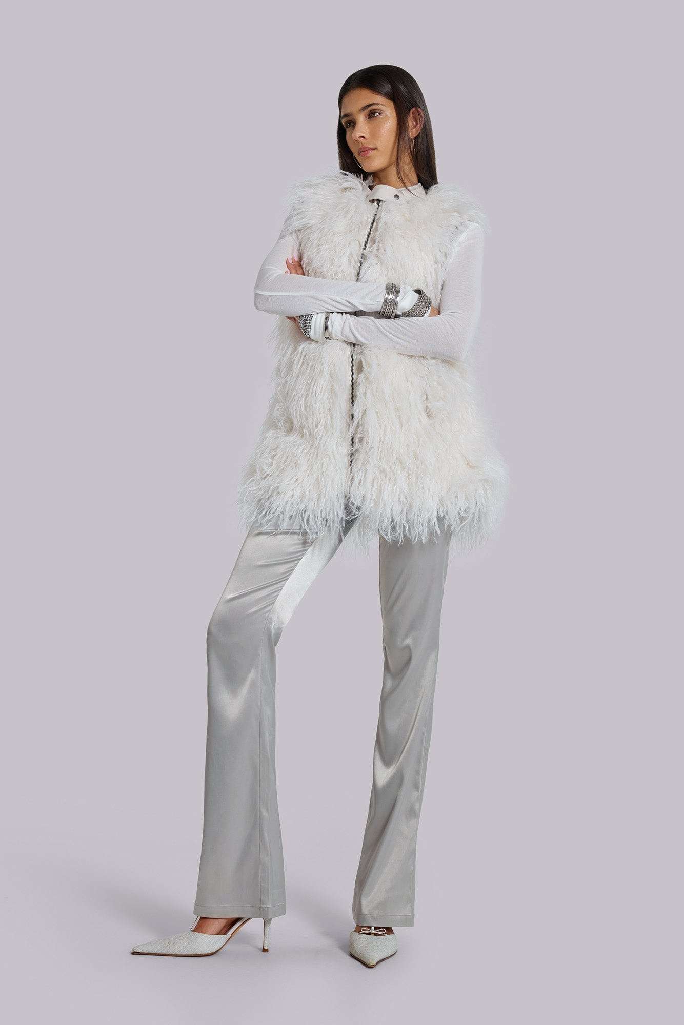 Nivi Chainmail Satin Trousers in Silver